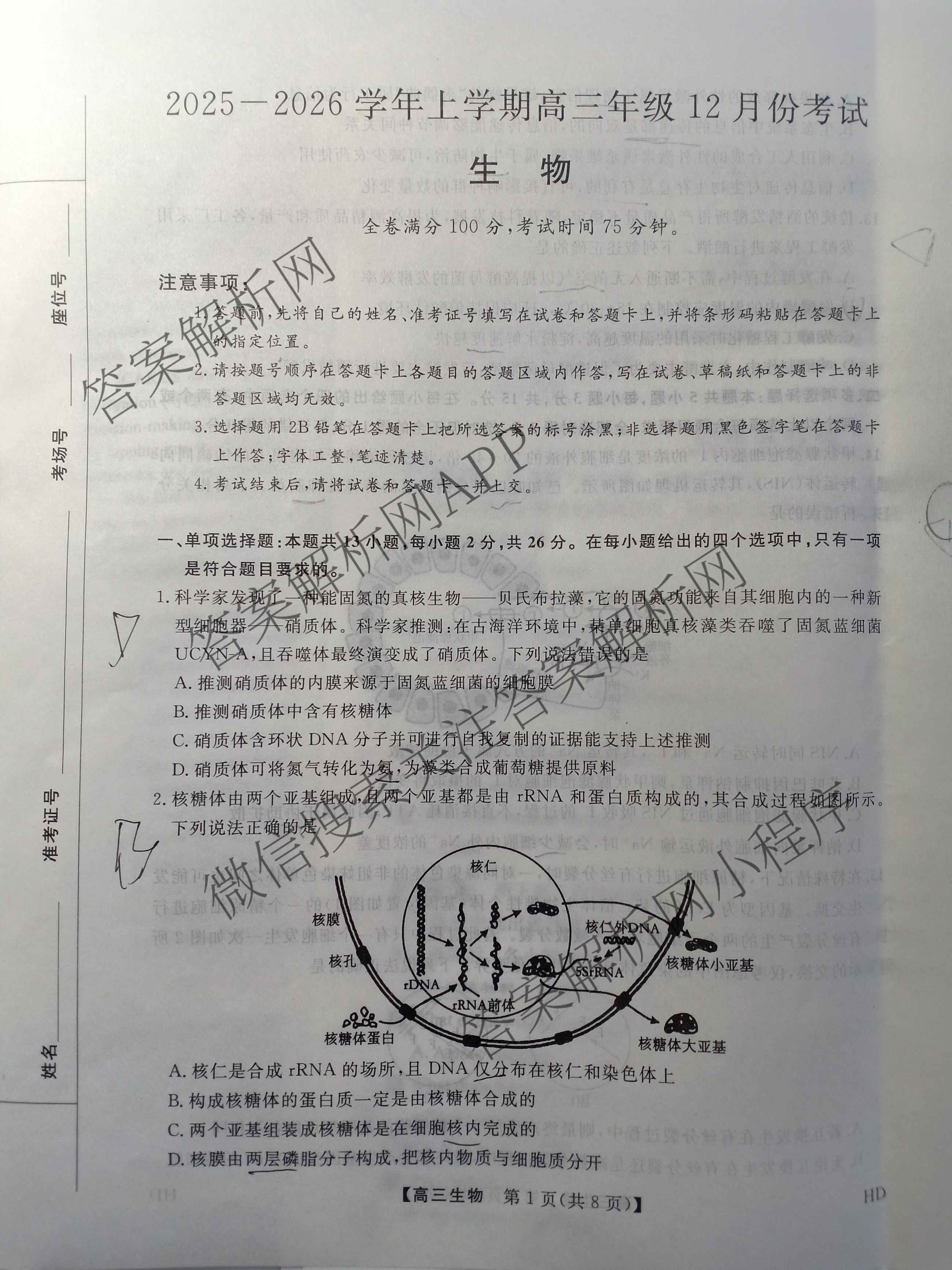 河北省2025-2026学年上学期高三年级12月份考试(HD)各科答案及试卷(已更新生物、地理、物理等9份)生物试题