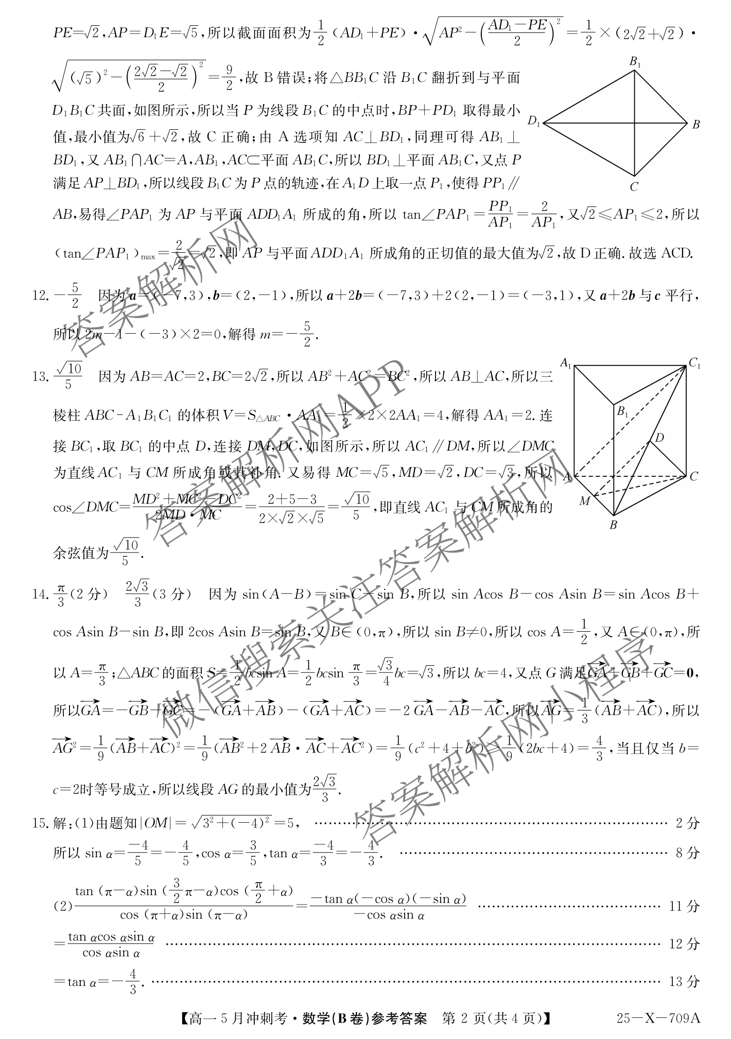 三晋卓越联盟山西省2024~2025学年第二学期高一5月冲刺考(25-X-709A)试卷及答案汇总（含政治(B卷)、数学(B卷)、历史等）数学答案