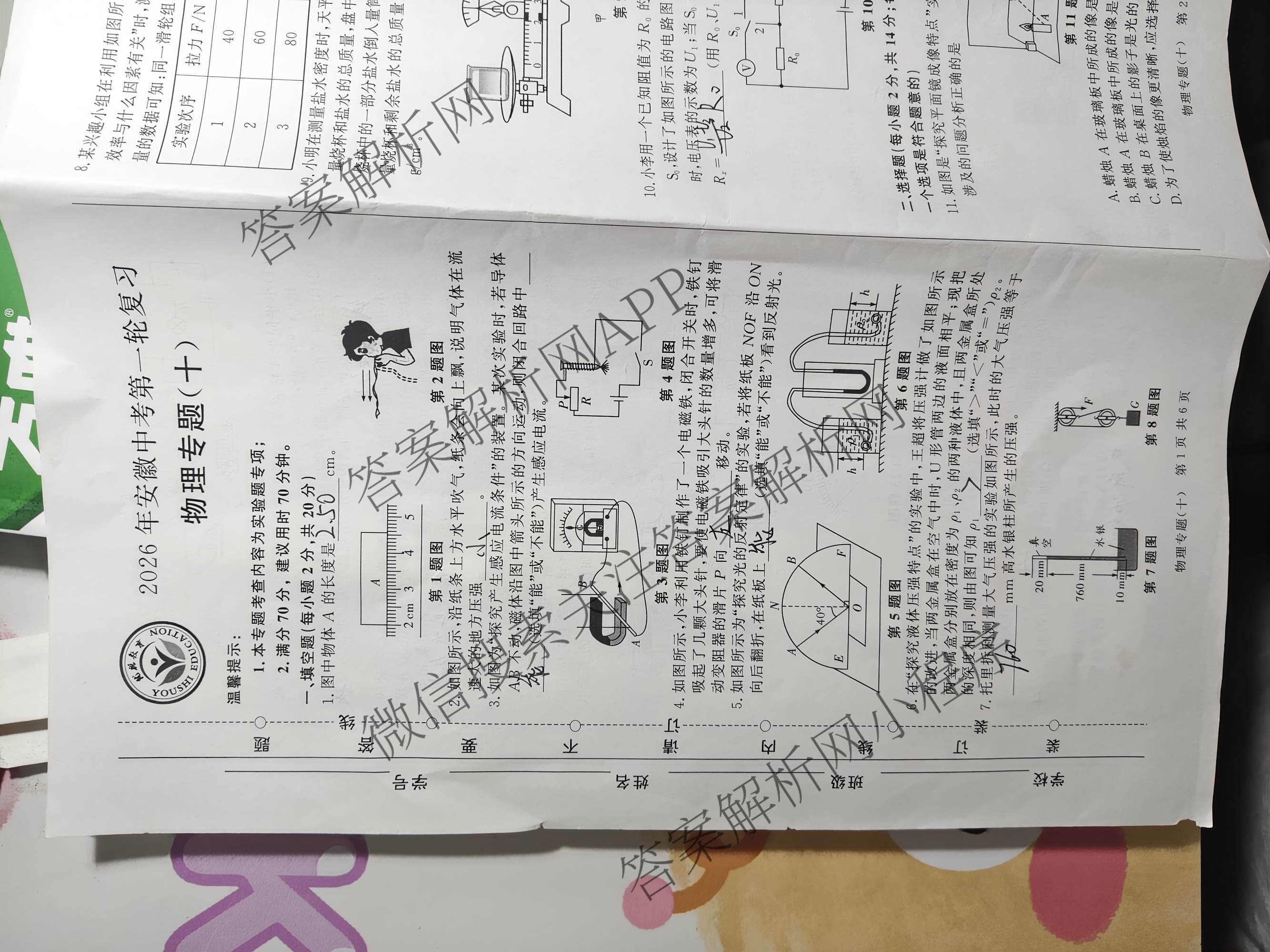2026年安徽中考第一轮复专题(十)各科答案及试卷（7科全）物理试题