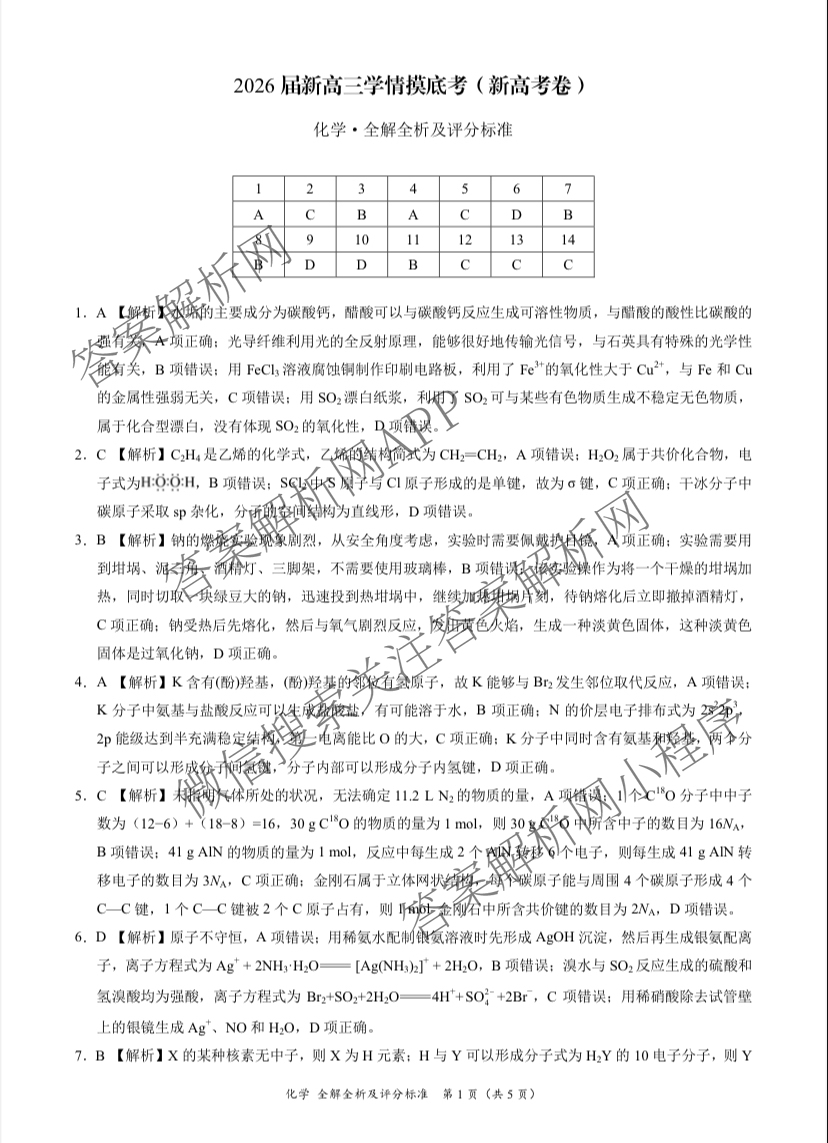 学科网2026届新高三学情摸底考试卷及答案汇总（58科全）化学答案
