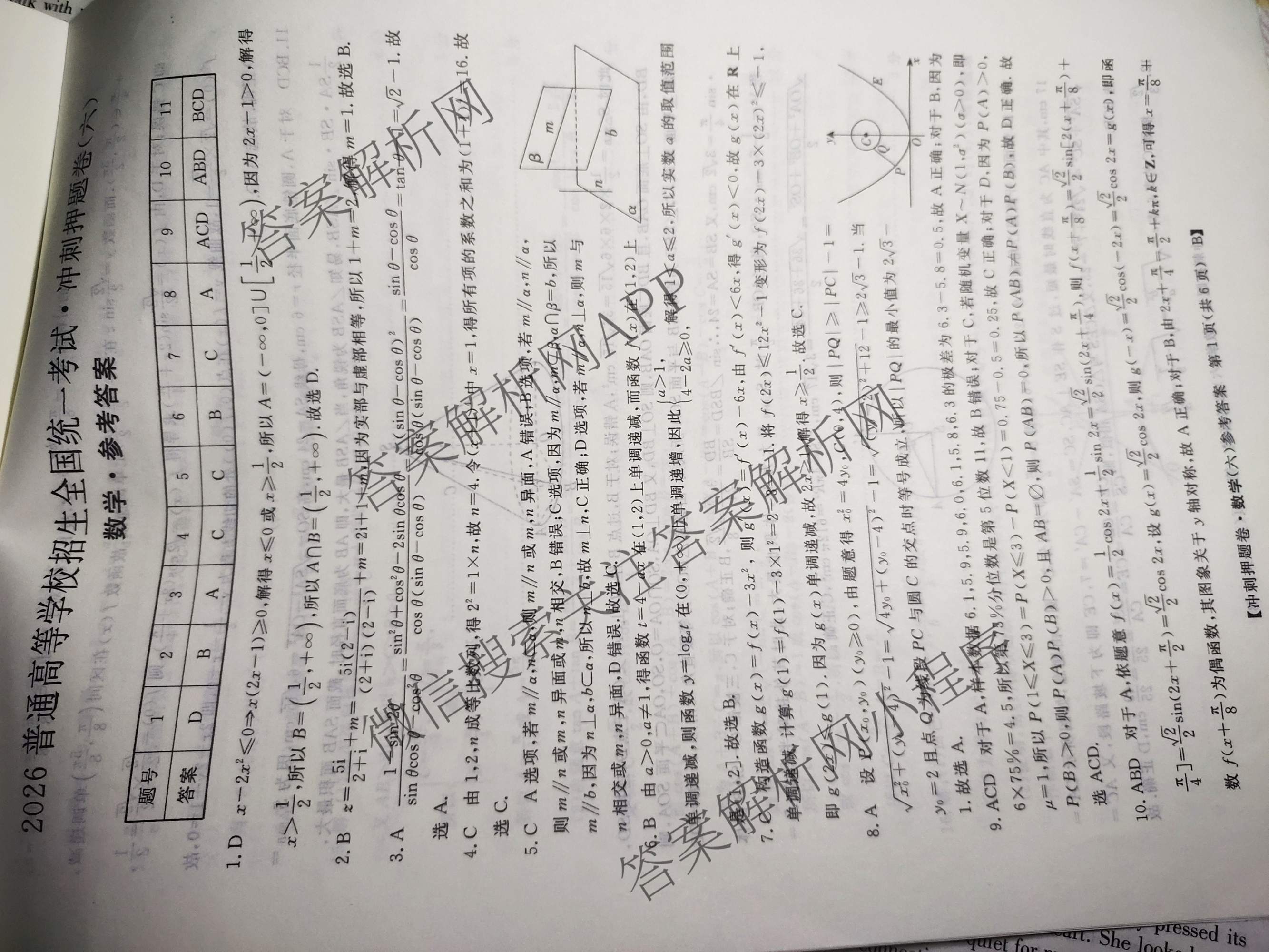 2026普通高等学校招生全国统一考试冲刺押题卷(六)6各科答案及试卷（含数学(A)、语文、生物(HBJ)等）数学答案