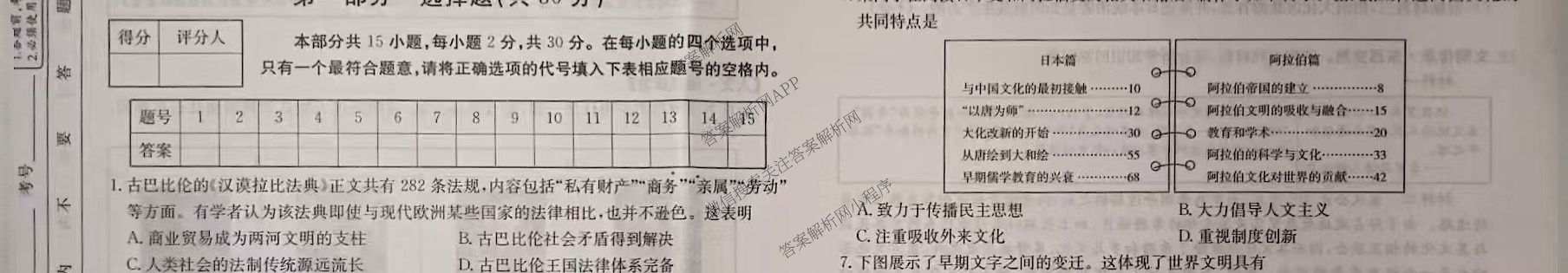 阳泉市九年级期中长标试卷及答案汇总（含化学(R)、历史(R)、物理(R)等13份）历史试题