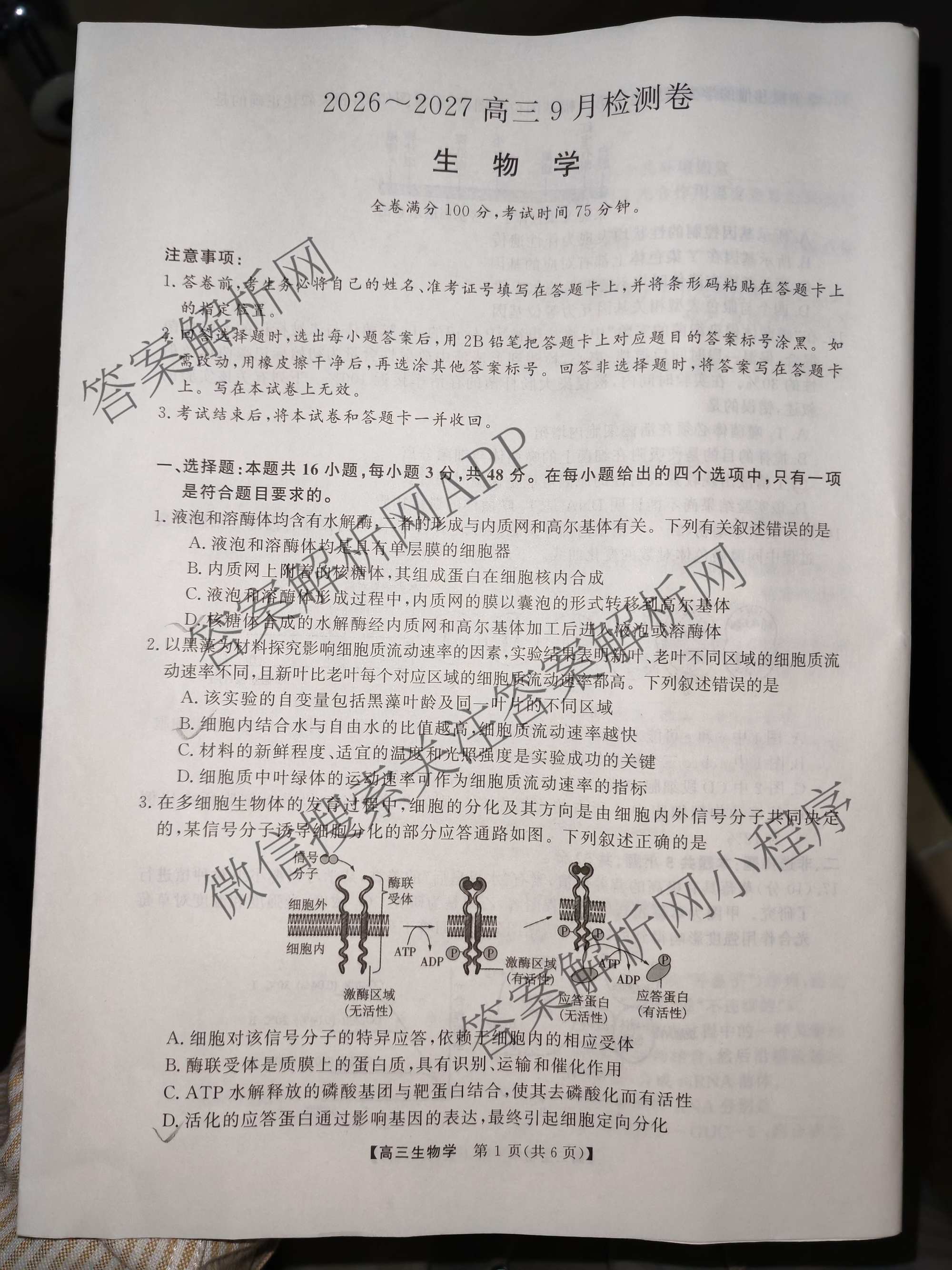 陕西省2026~2027高三9月检测卷各科答案及试卷(已更新语文 数学 物理等9份)生物试题
