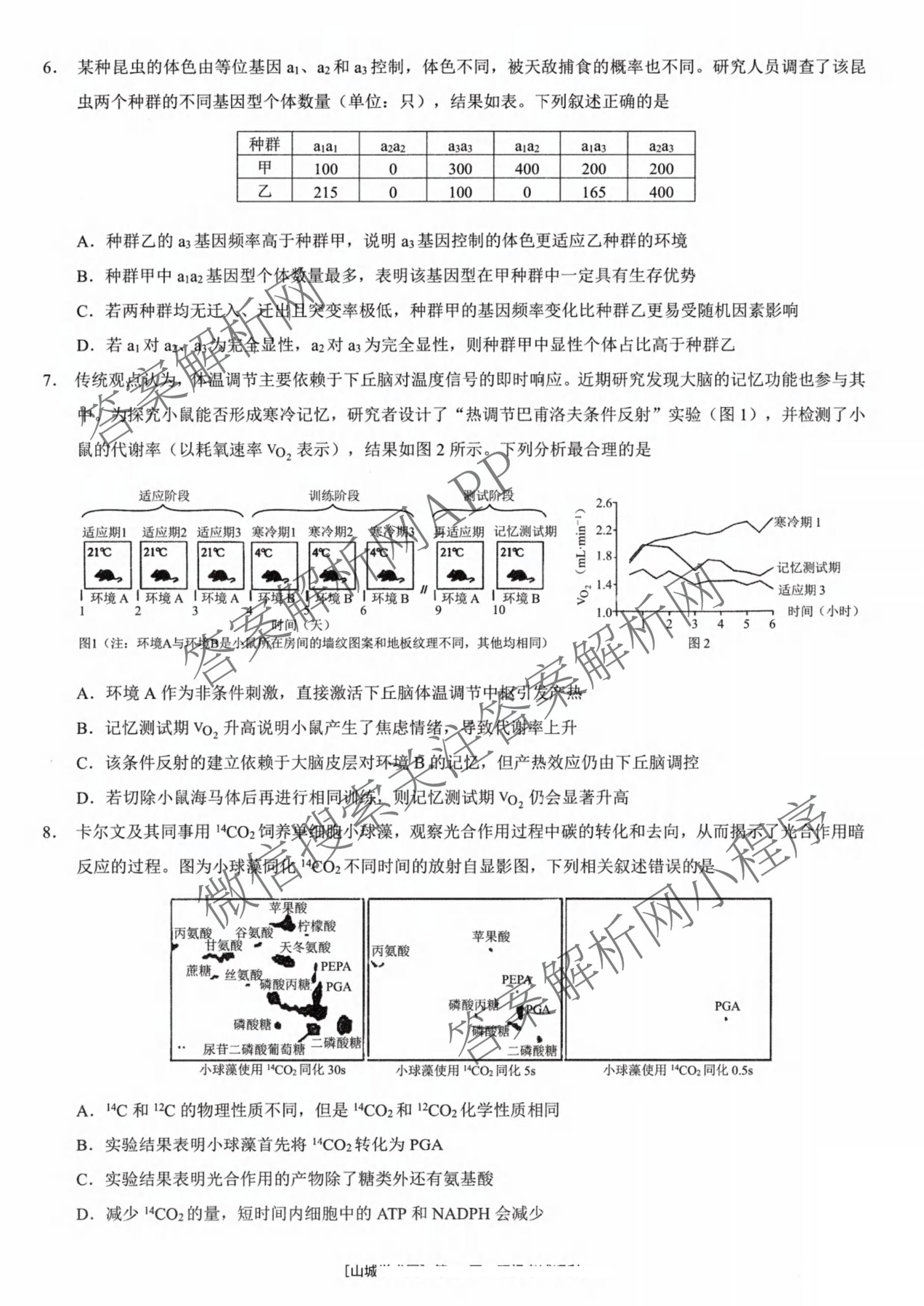 重庆康德2026届重庆市高考模拟调研卷(六)试卷及答案汇总: 含数学、历史、政治试卷解析生物试题