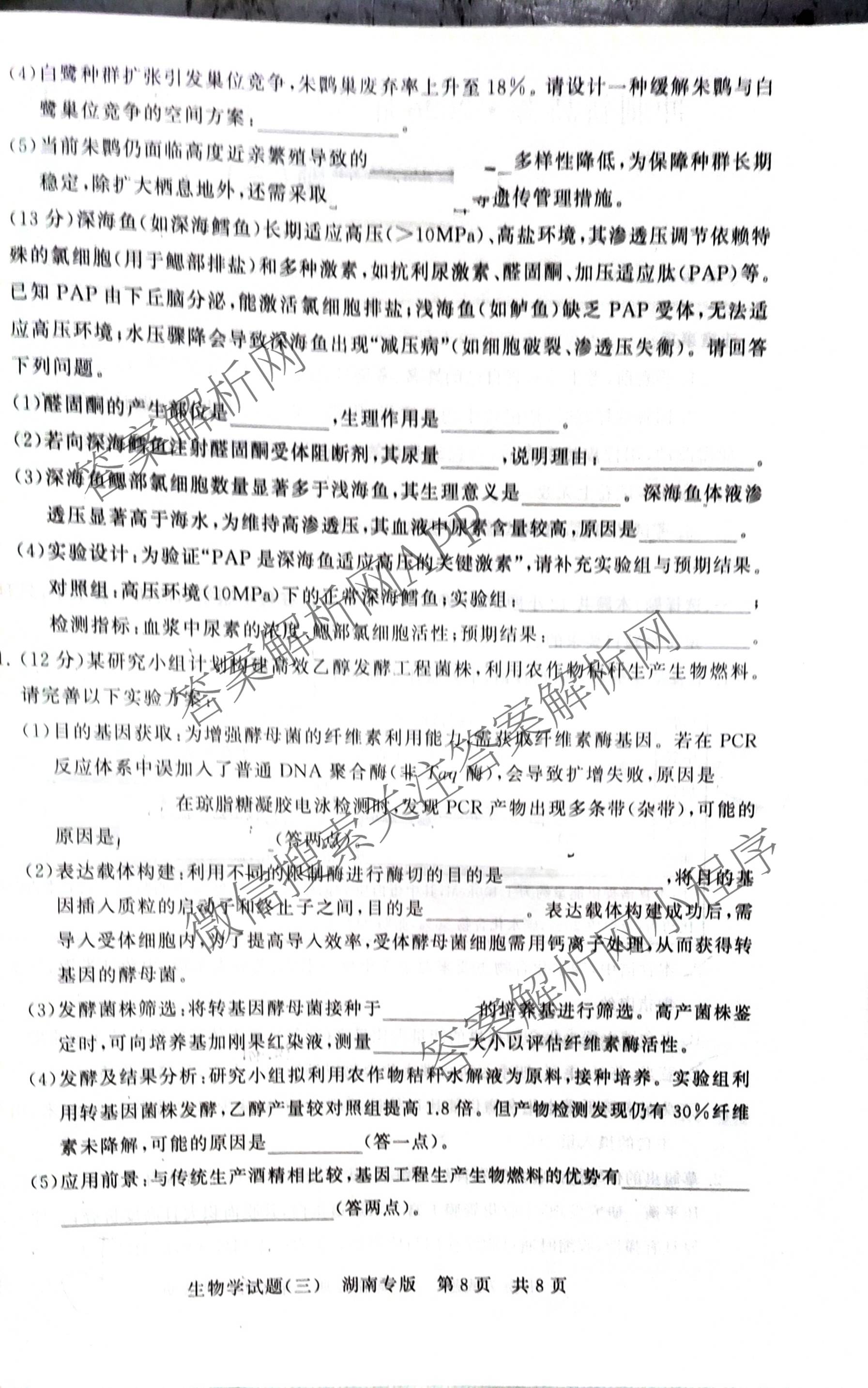 冲刺新高考2026届高考仿真模拟卷(T8)(三)3试卷及答案汇总: 含历史(HBZB) 物理(HBZB) 化学(湖南专版)试卷解析生物试题