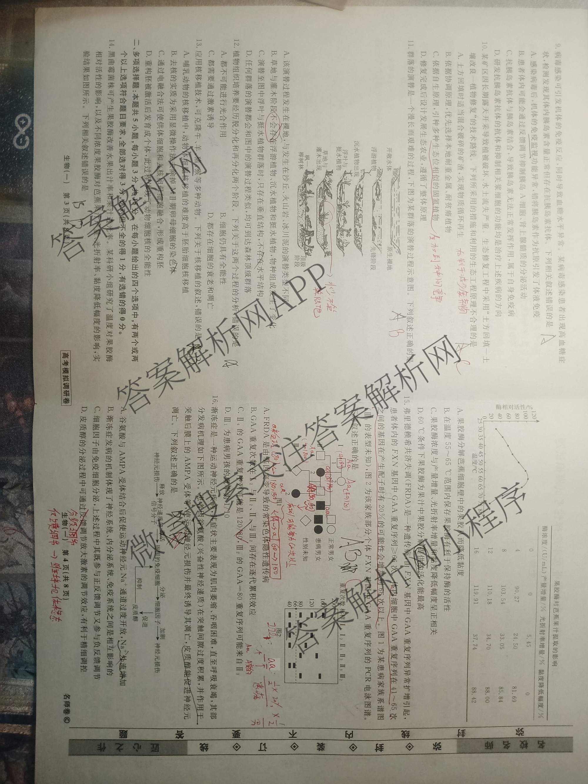 衡水名师卷高考模拟调研卷 2026年普通高等学校招生全国统一考试模拟试题(一)1各科答案及试卷（21科全）生物试题