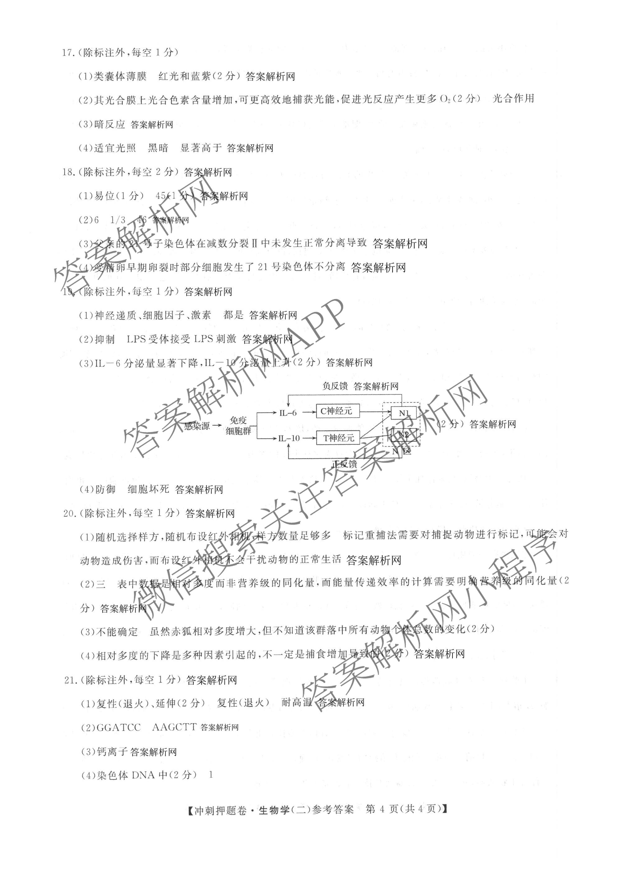 2026普通高等学校招生全国统一考试冲刺押题卷(二)2各科答案及试卷（含语文 物理 生物(HBJ)等15份）生物答案
