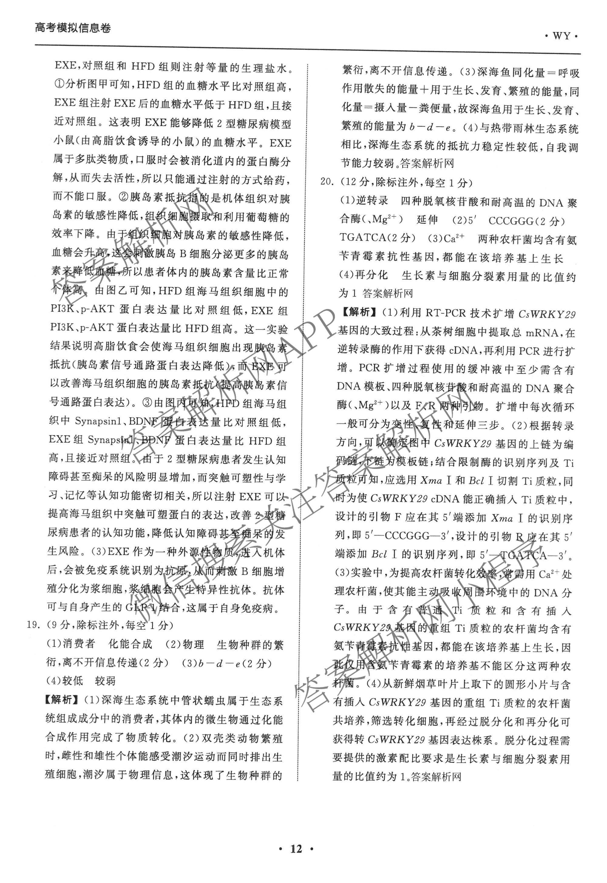 天舟高考衡中同卷2026年普通高等学校招生全国统一考试模拟信息卷(三)3（含历史(HJ)、数学(B)、文综(新疆版)等）生物答案