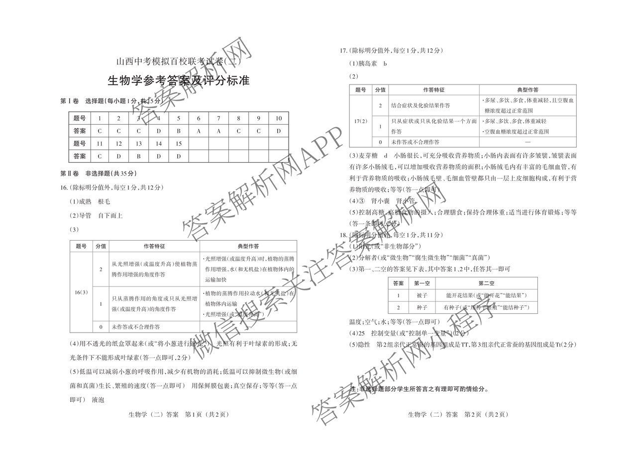 晋文源2025山西八年级中考模拟百校联考试卷(二)试卷及答案汇总（含英语、文综、地理等）生物答案