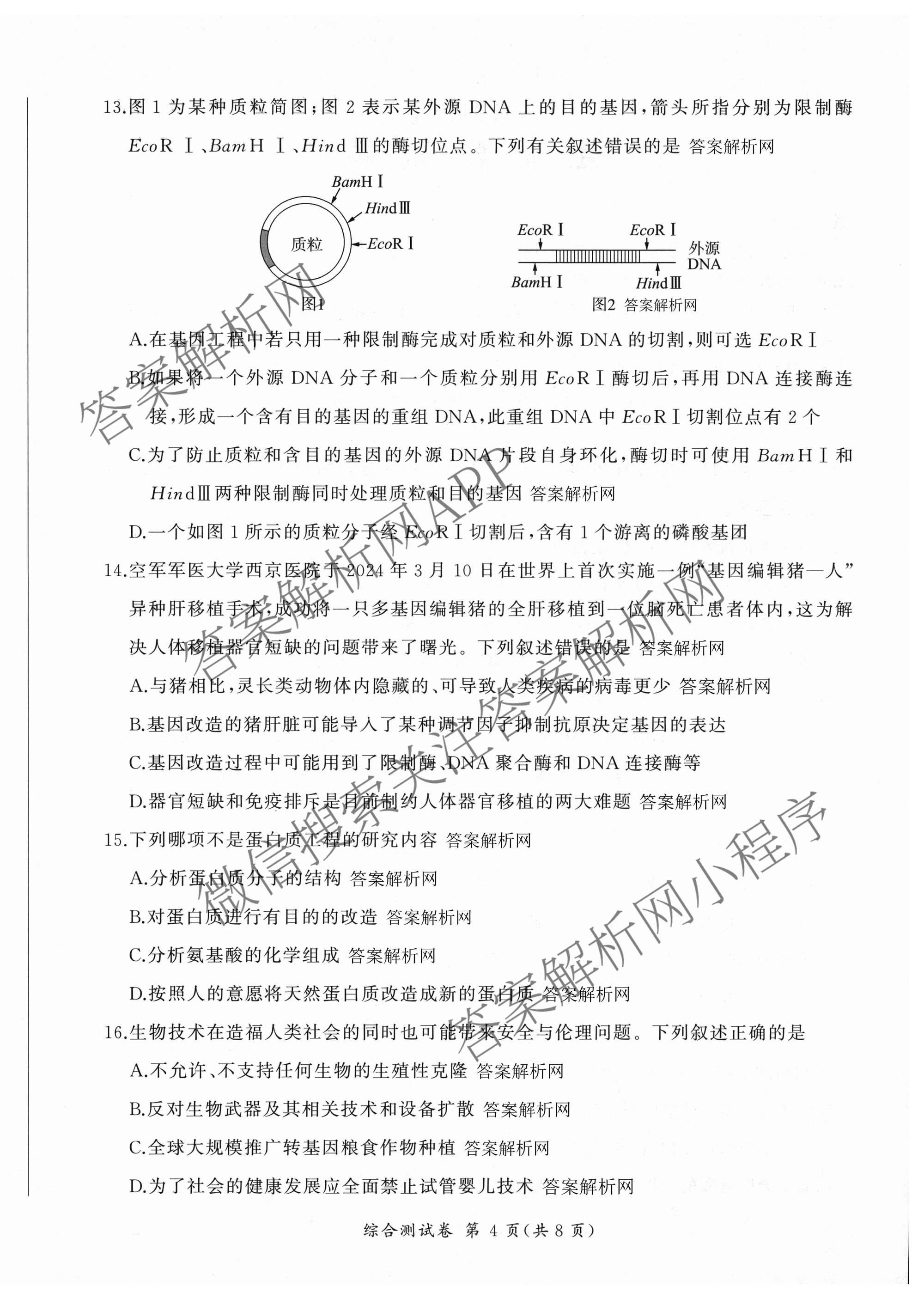 百师联盟2025-2026学年高二下学期阶段测试卷(四)4试卷及答案汇总: 含生物(90分钟多选) 语文 数学(RA)试卷解析生物试题