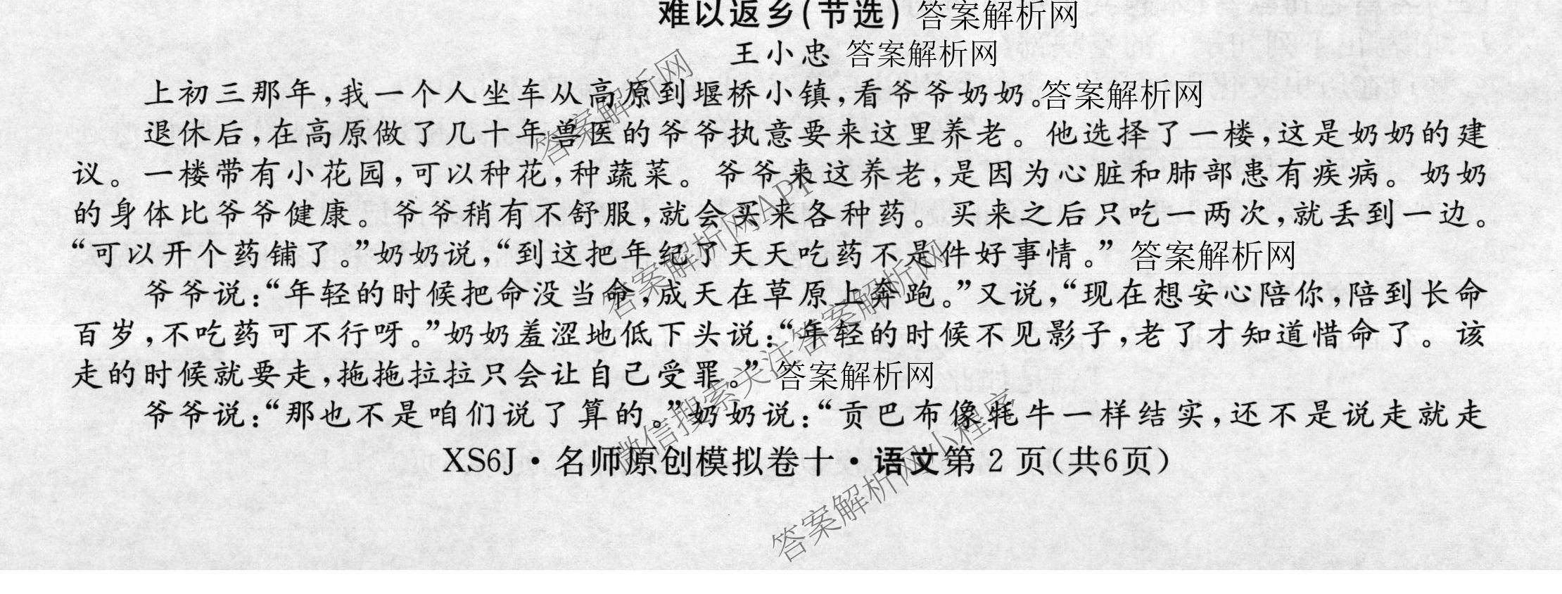 2026届高三总复习名师原创模拟(十)10各科答案及试卷: 含化学(XS6JG)、历史(CQX6)、物理(XS6J)试卷解析语文试题