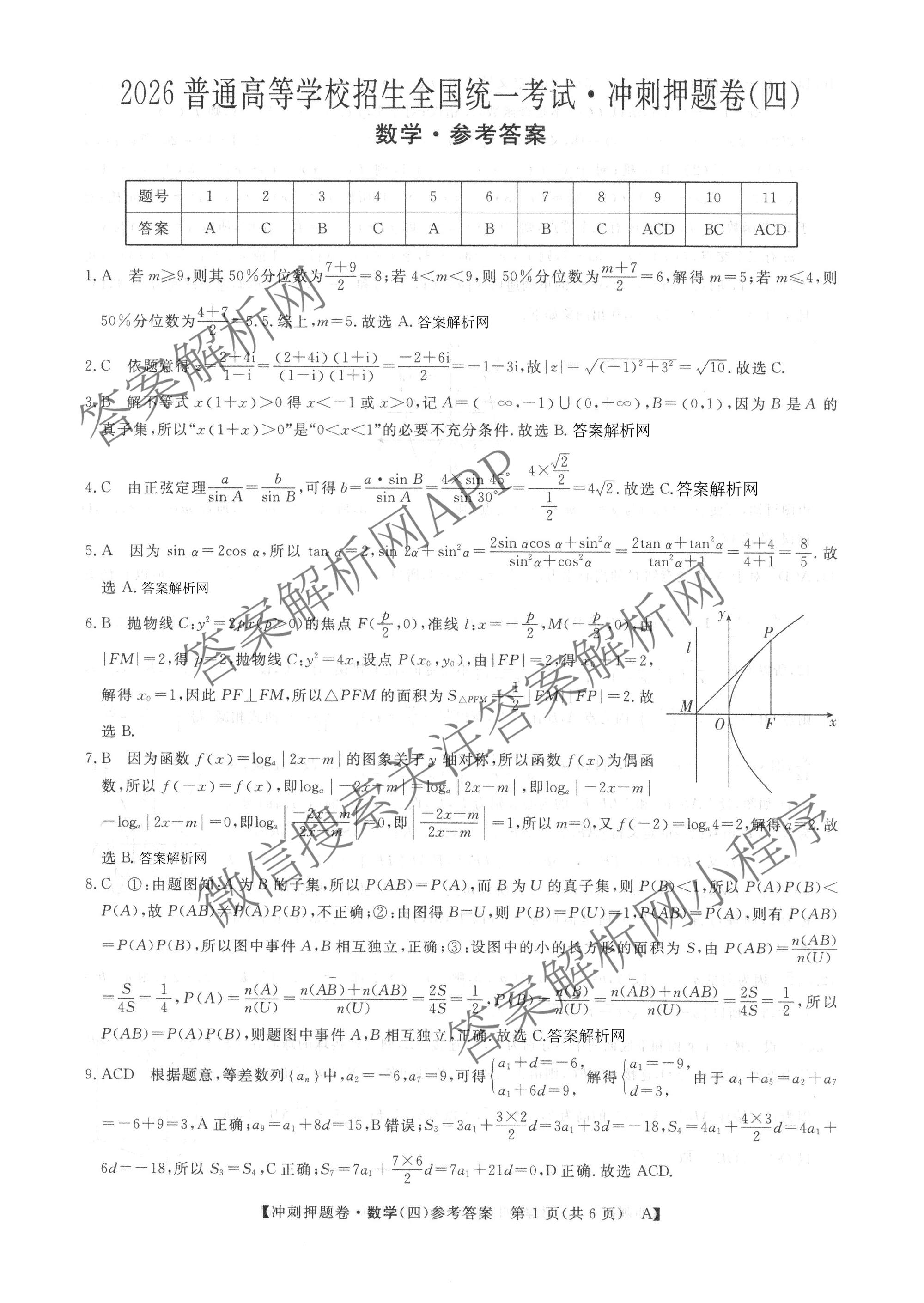 2026普通高等学校招生全国统一考试冲刺押题卷(四)4各科答案及试卷（16科全）数学答案