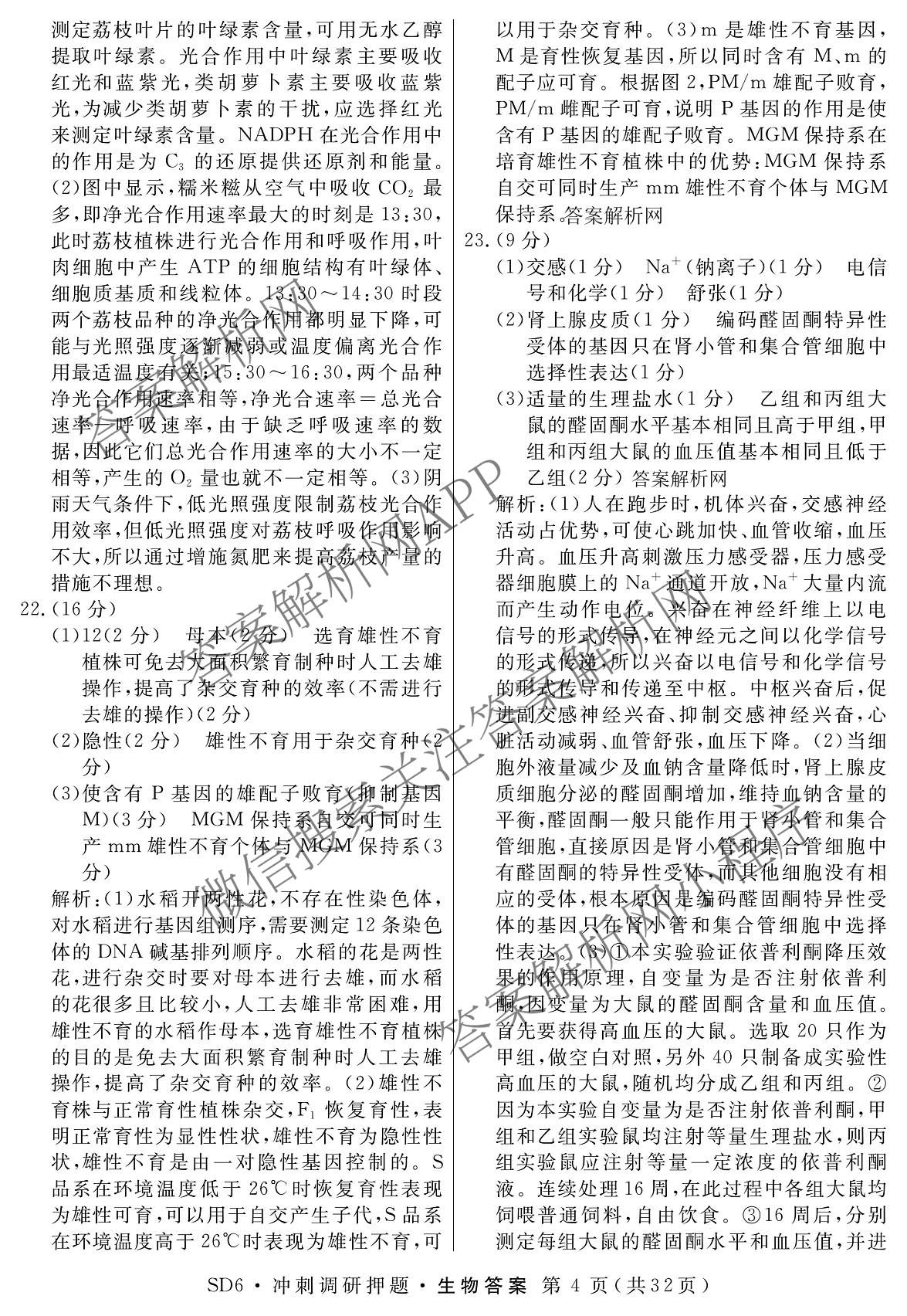 2026届冲刺调研押题实战演练(一)1各科答案及试卷（含历史(新S6J) 化学(新S6J) 地理(XS6J)等）生物答案