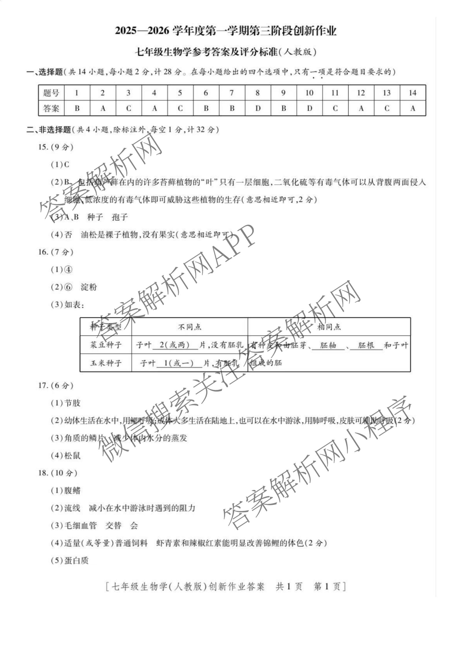 陕西省2025-2026学年度第一学期第三阶段创新作业七年级各科答案及试卷（7科全）生物答案