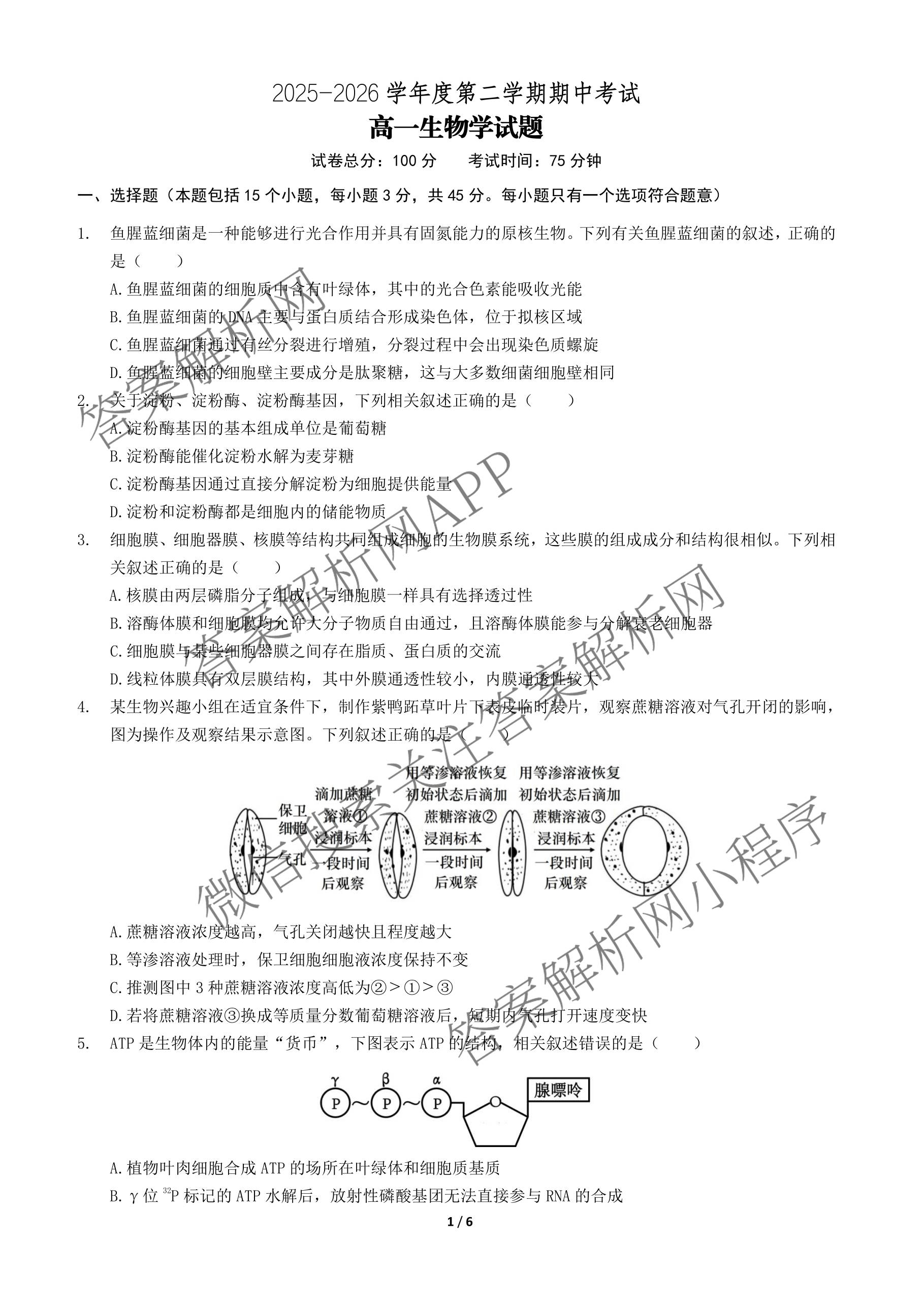 安徽省示范高中2025-2026学年度第二学期期中考试高一: 含化学、物理、英语试卷解析生物试题