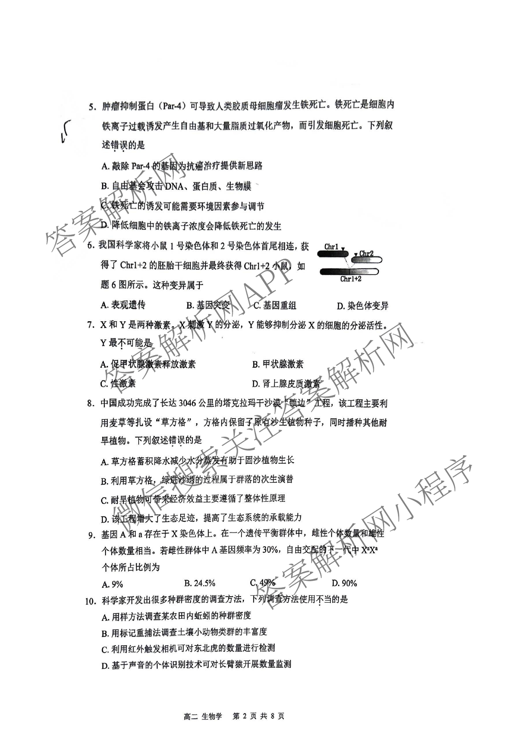 广东省深圳市2024-2025学年第二学期调研测试卷高二(2025.7)各科答案及试卷(已更新数学 英语 语文等9份)生物试题