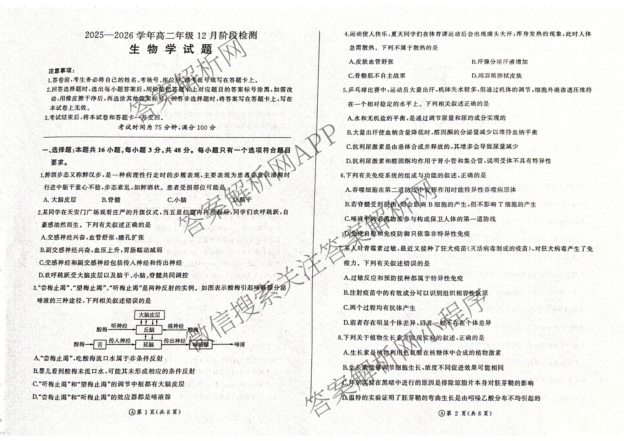 百师联盟2025-2026学年高二年级12月阶段检测各科答案及试卷（含物理(A)、语文、英语等9份）生物试题
