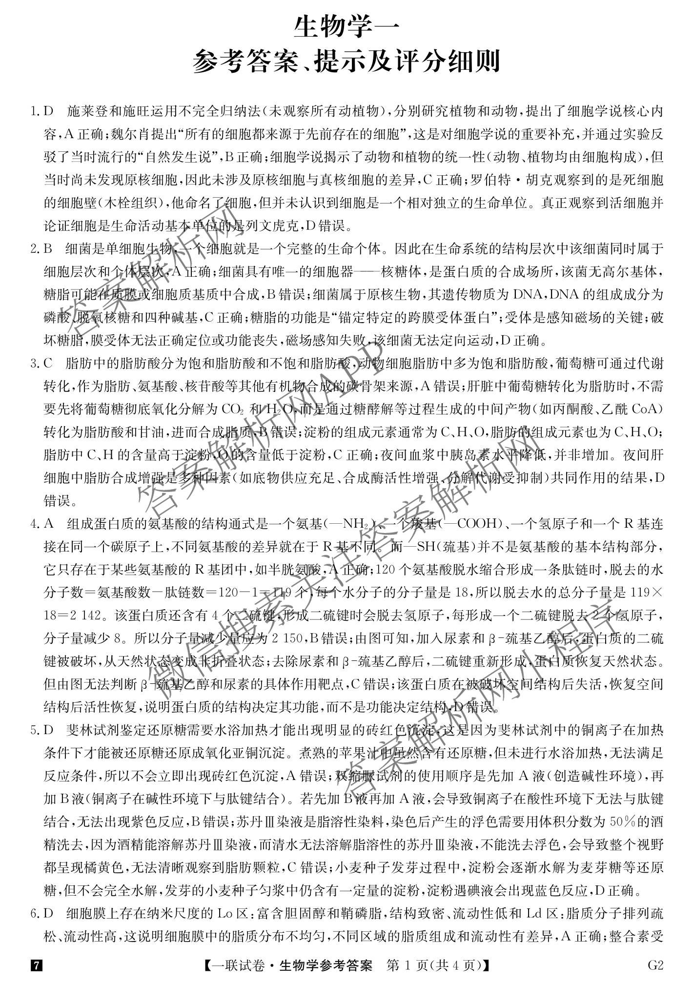 全国名校大联考2026-2027学年高三第一次联考(月考)试卷各科答案及试卷(已更新物理(G1) 化学(G2) 语文等9份)生物答案
