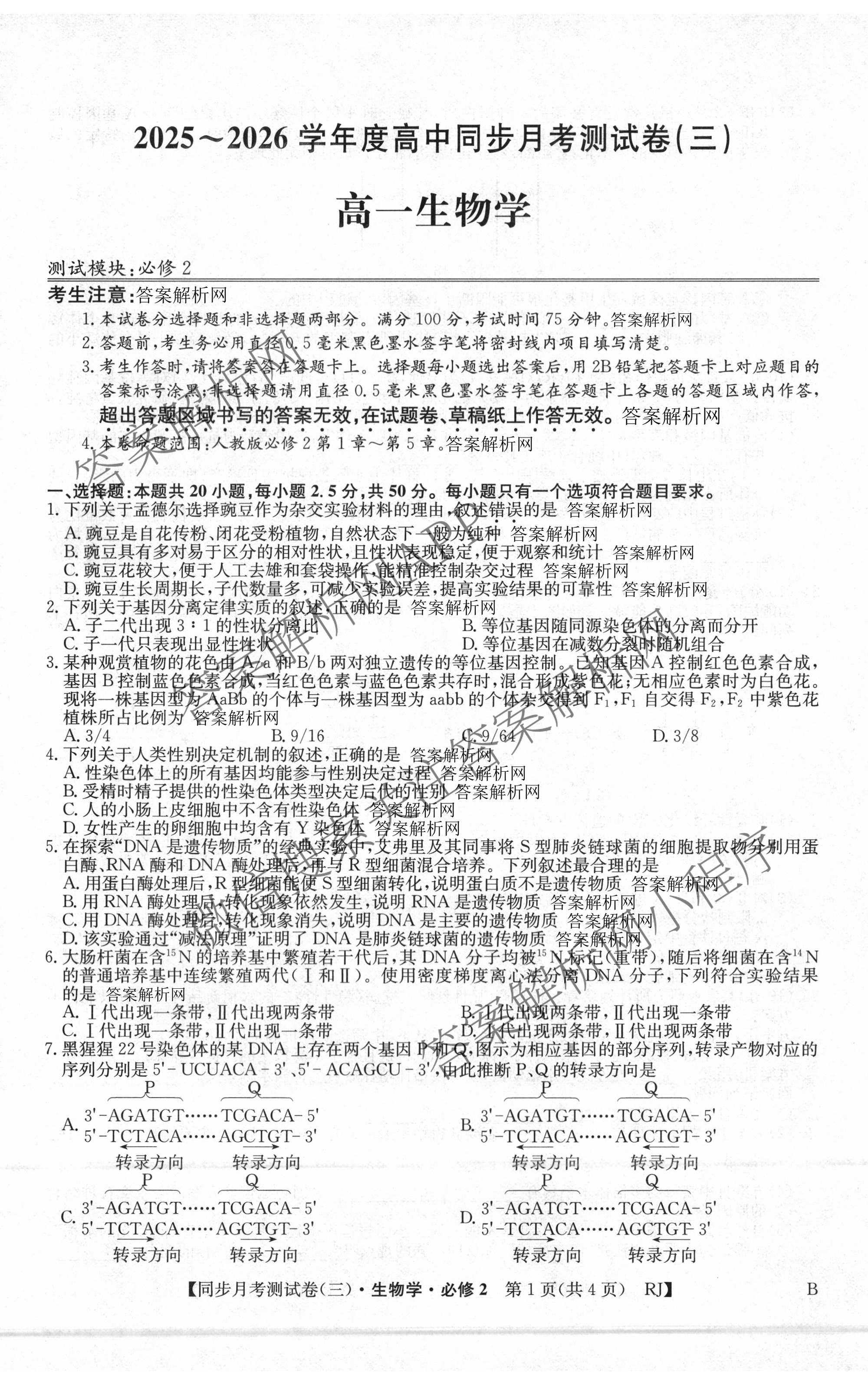 2025-2026学年度高一高中同步月考测试卷(下学期)(三)（含生物(必修2 RJ B) 数学(必修第二册 RJ) 化学(必修第二册 RJ)等）生物试题