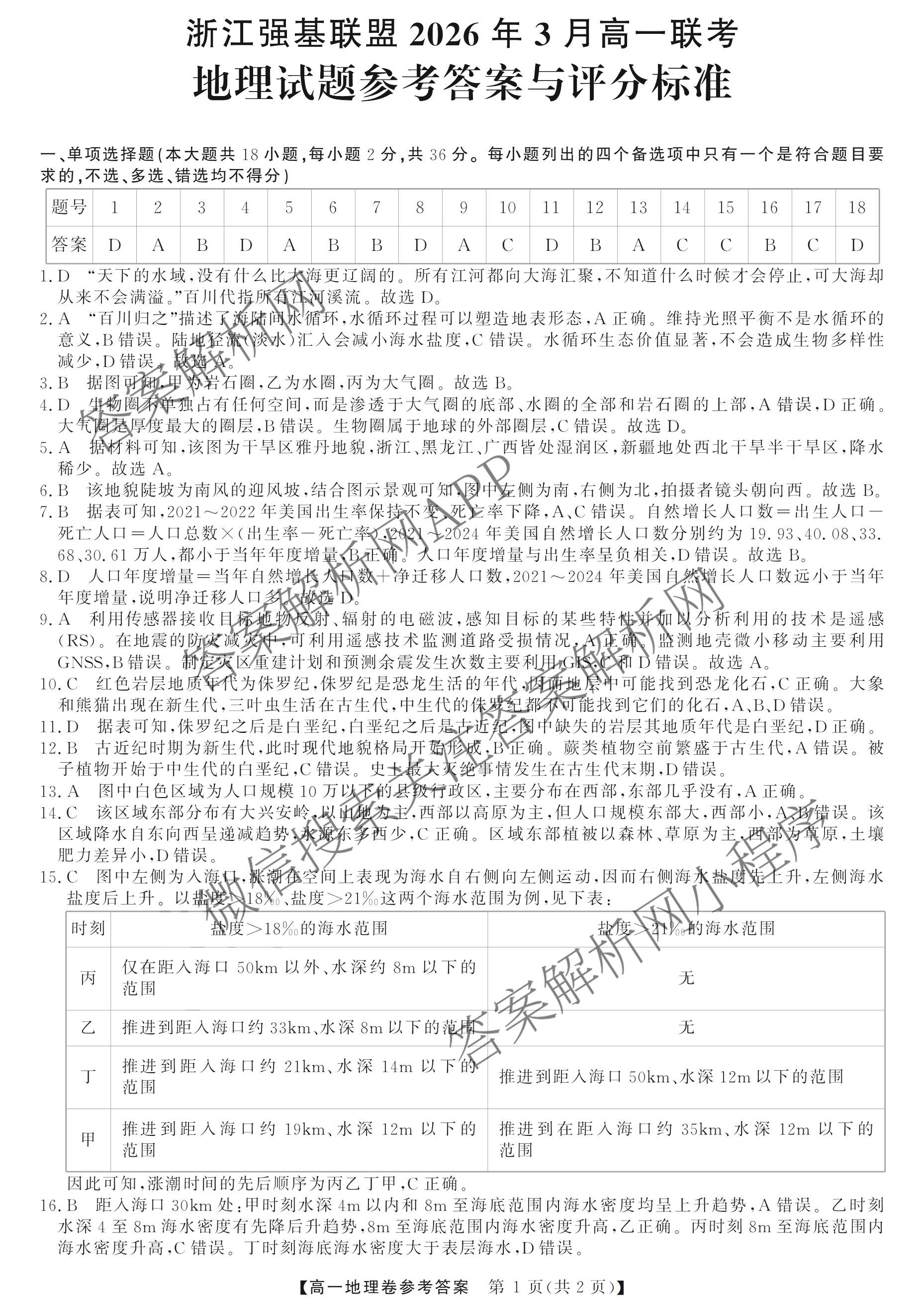 浙江强基联盟2026年3月高一联考试卷及答案汇总（9科全）地理答案