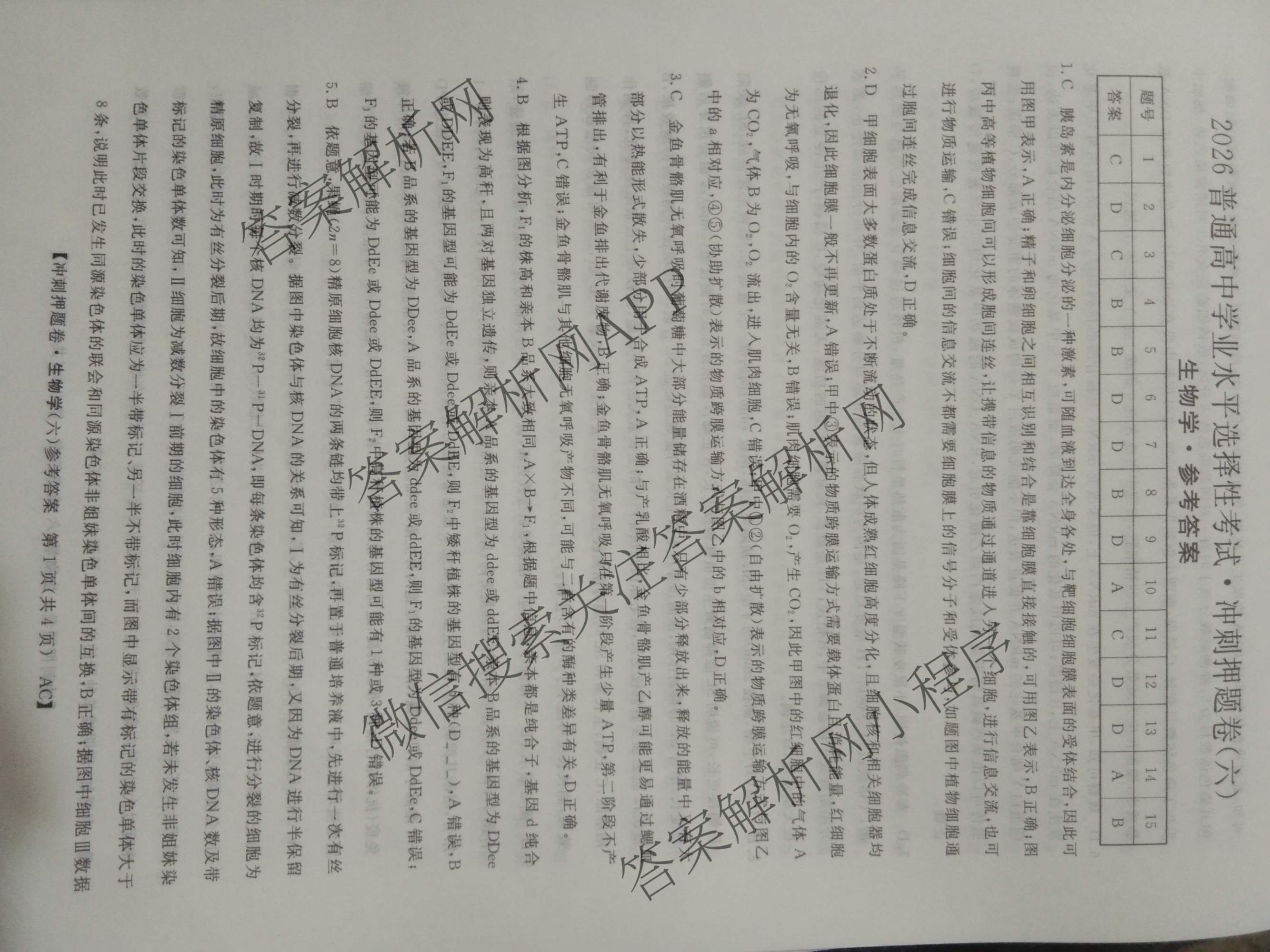 2026普通高等学校招生全国统一考试冲刺押题卷(六)6各科答案及试卷（含数学(B)、语文、生物(AC)等）生物答案