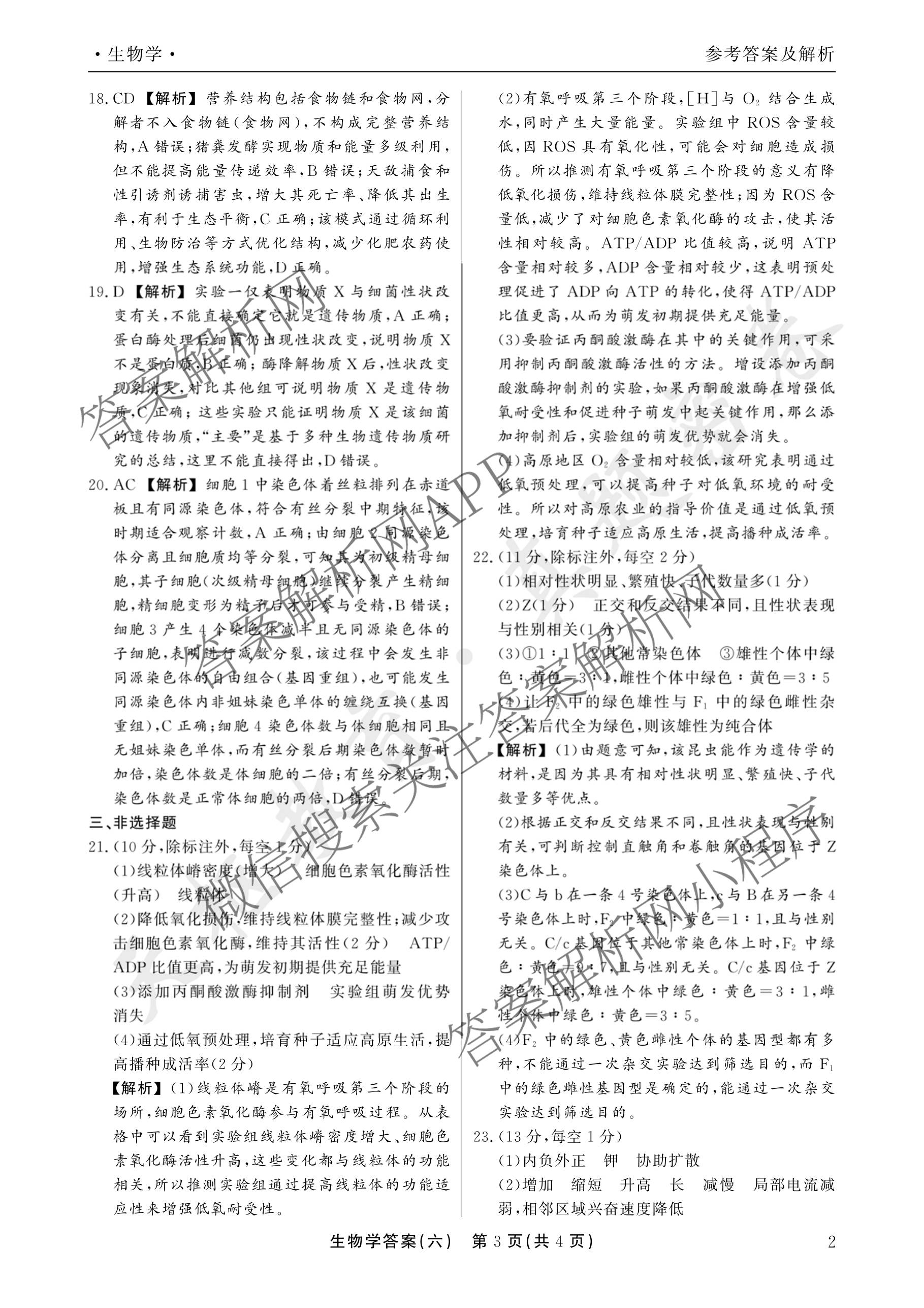 衡水真题密卷2025-2026学年度综合能力调研检测(六)6各科答案及试卷(已更新物理(7) 生物(2) 英语(BT)等14份)生物答案