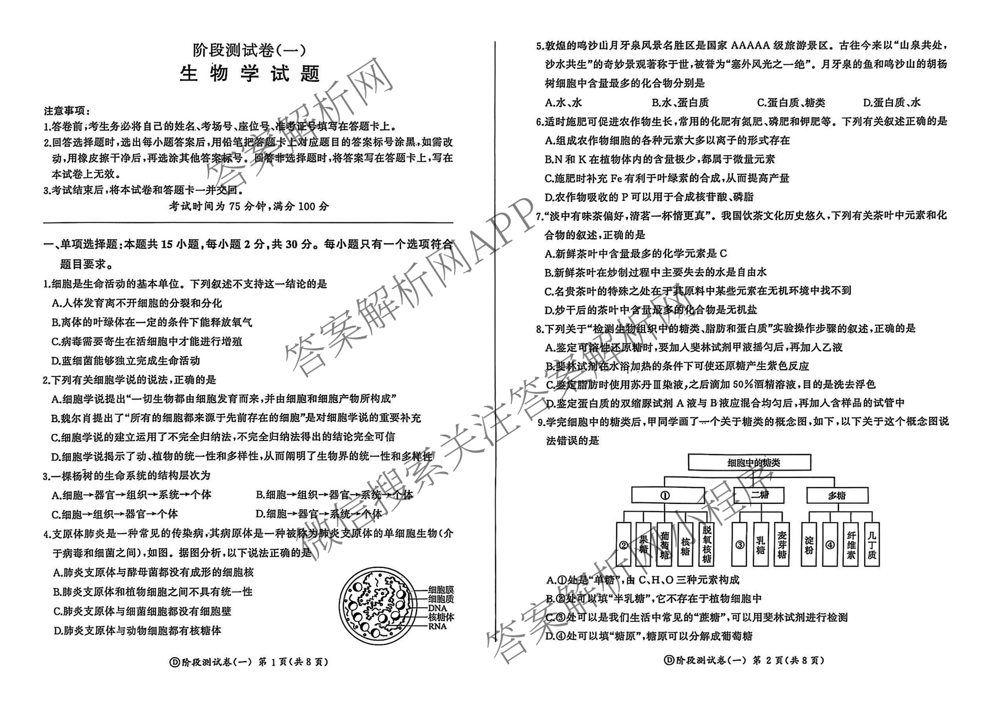 百师联盟2025-2026学年高一上学期阶段测试卷(一)1试卷及答案汇总（含地理(人教版90分钟)、物理(75min单选)、生物(75分钟多选)等34份）生物试题