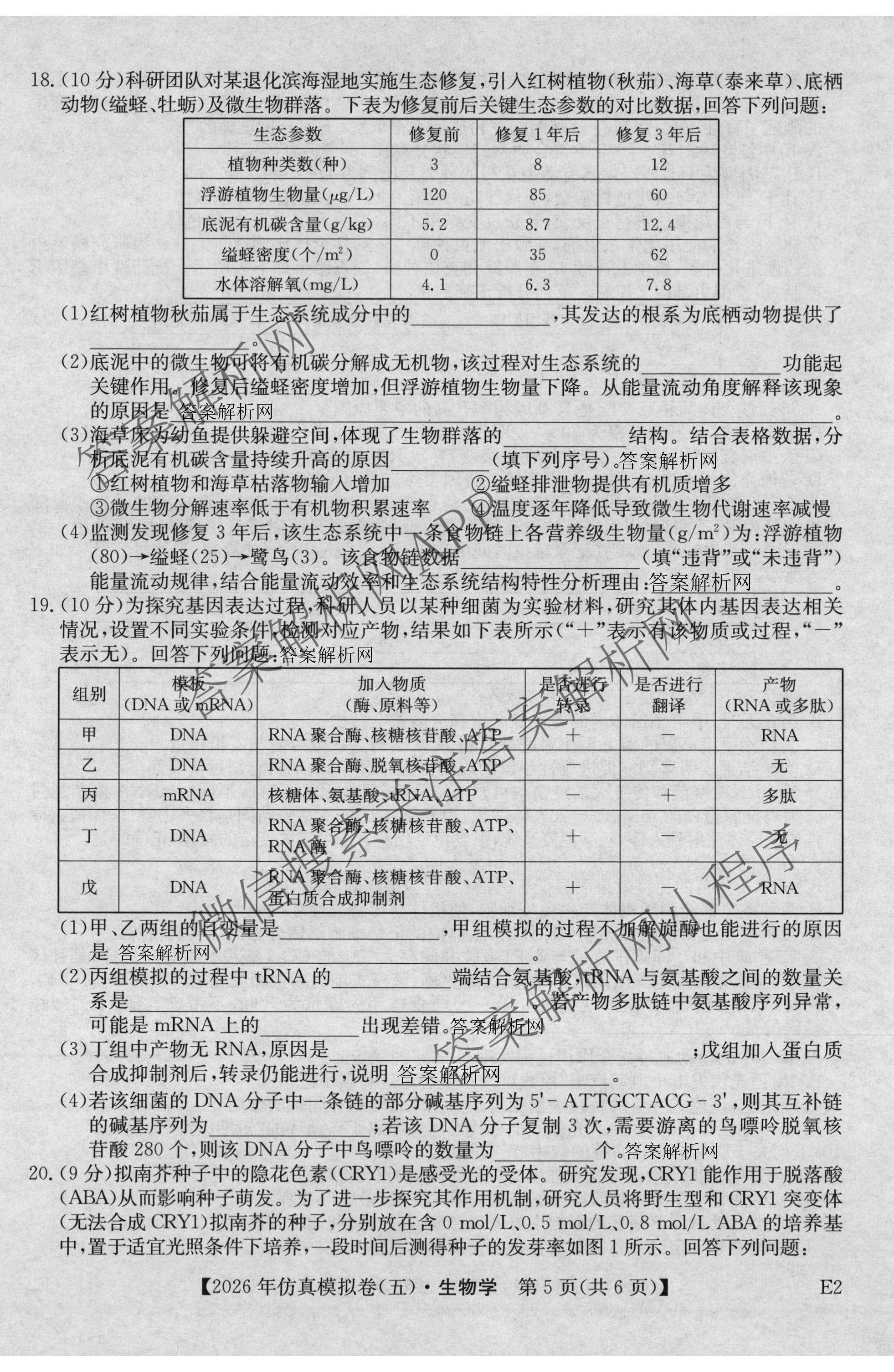 2026年全国高考仿真模拟卷(五)5（含英语、生物(E2)、物理(广西)等35份）生物试题