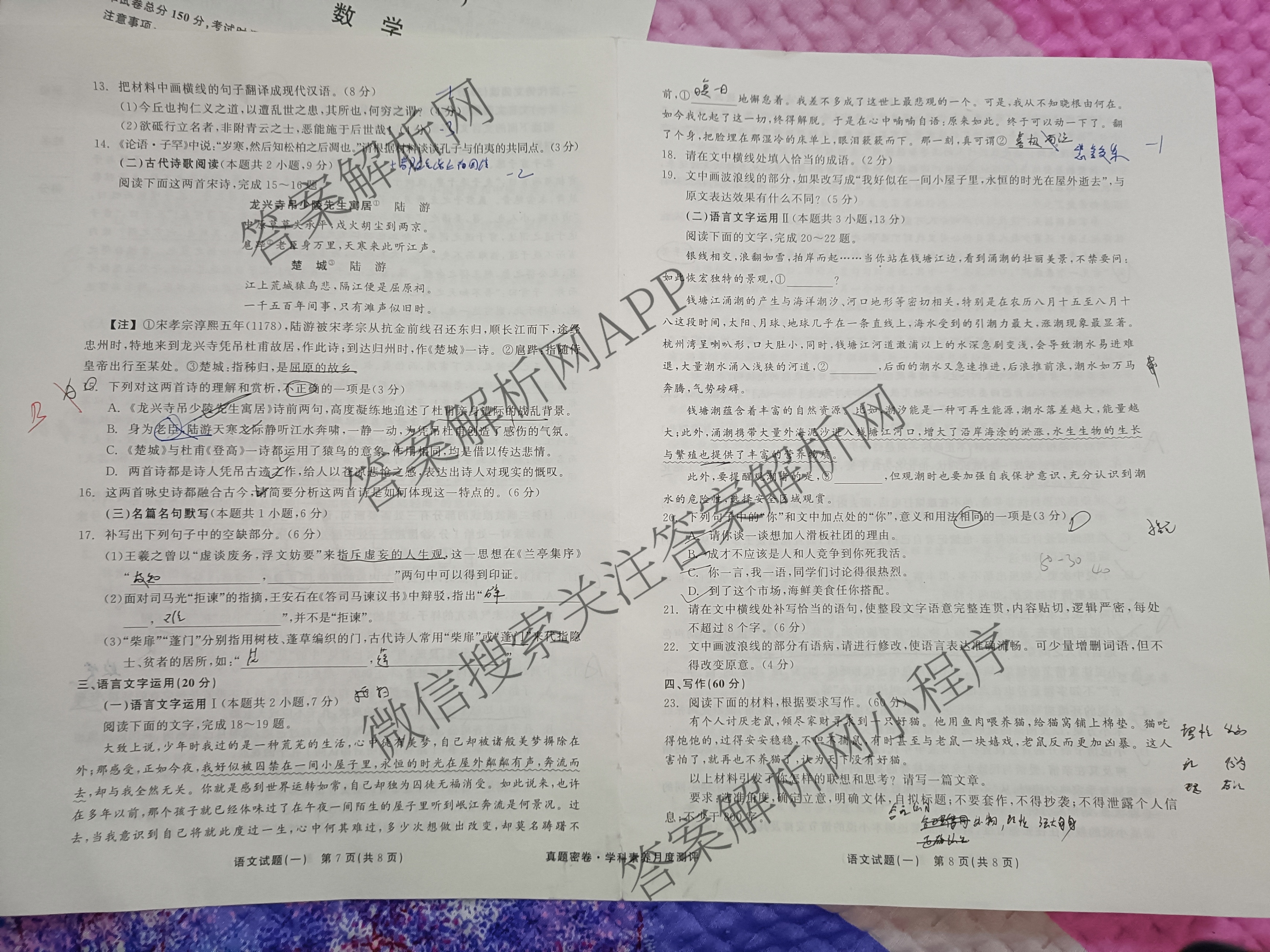 真题密卷2024年学科素养月度测评(一)各科答案及试卷(已更新物理(安徽版)、英语、语文等11份)语文试题