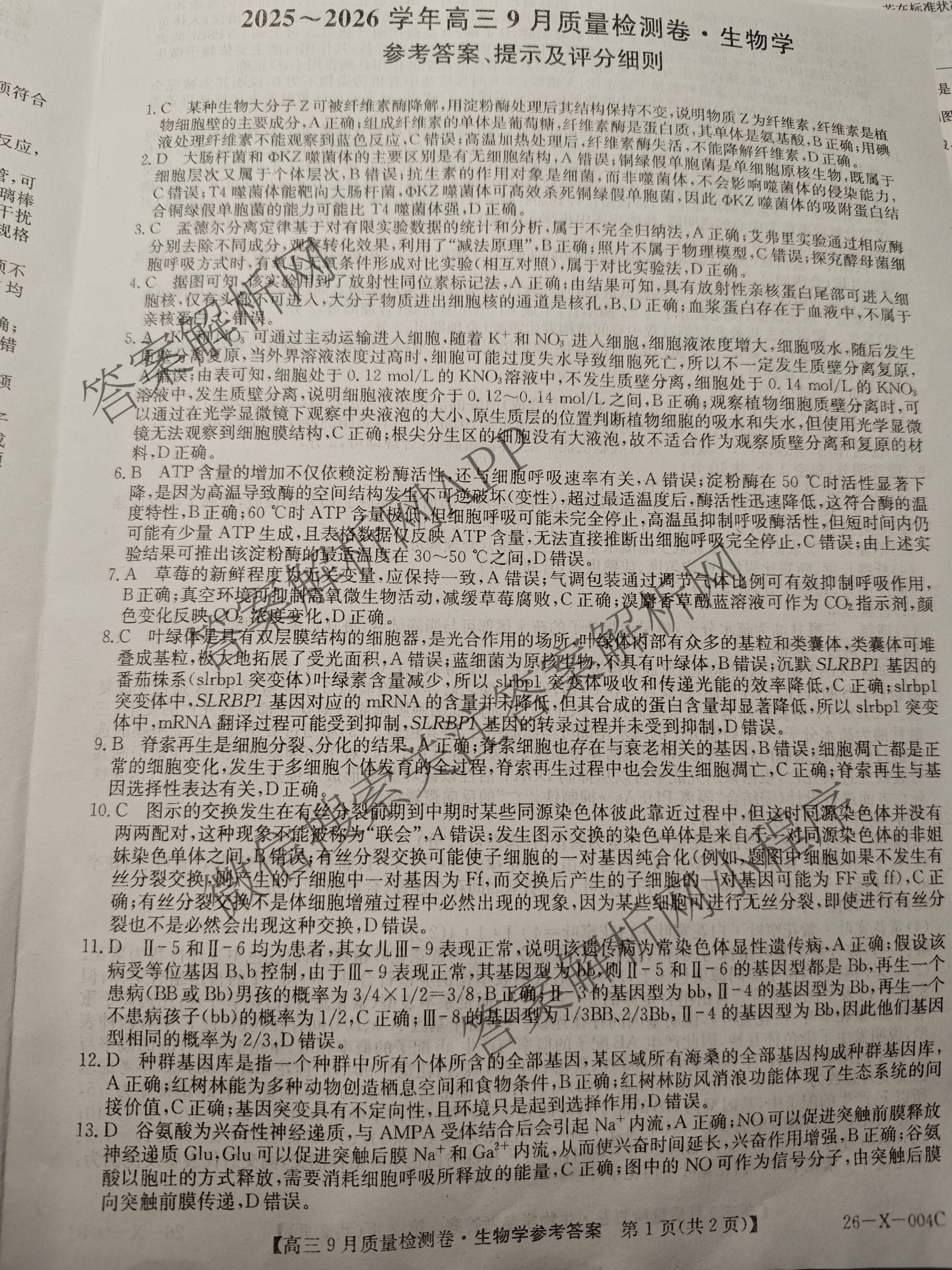 2025~2026学年高三9月质量检测卷(26-X-004C)试卷及答案汇总（含政治、语文、地理等9份）生物答案