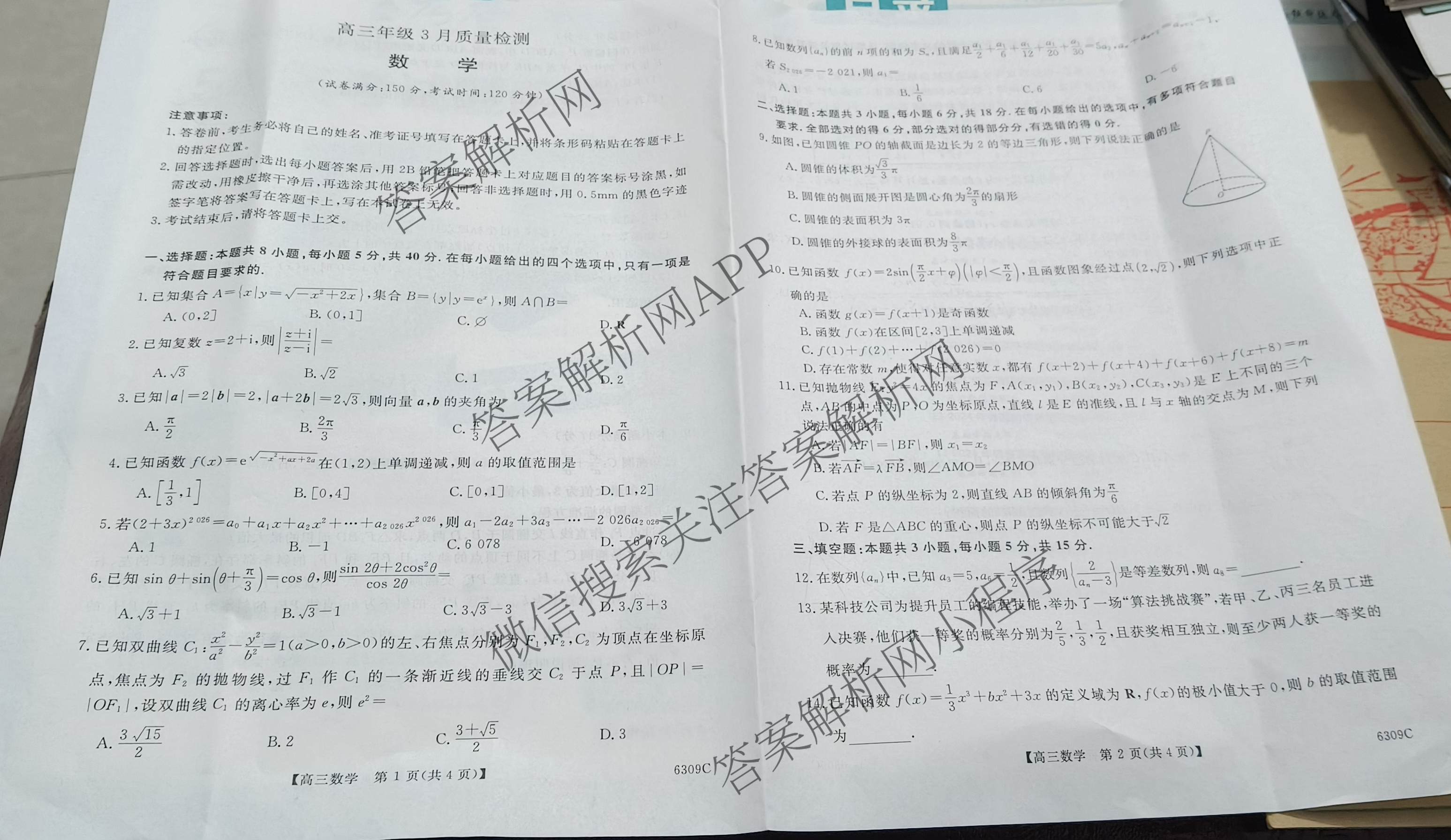 湖南省2026届高三年级3月质量检测(6309C)（9科全）数学试题