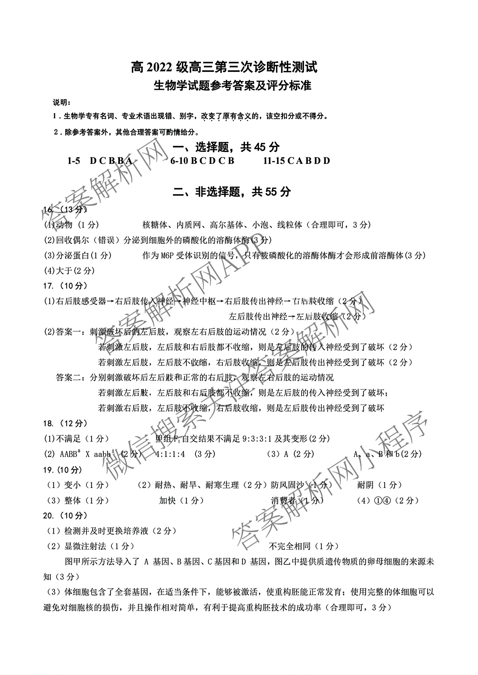 元三维大联考高2022级第三次诊断性测试(2025.4.19)试卷及答案汇总（10科全）生物答案