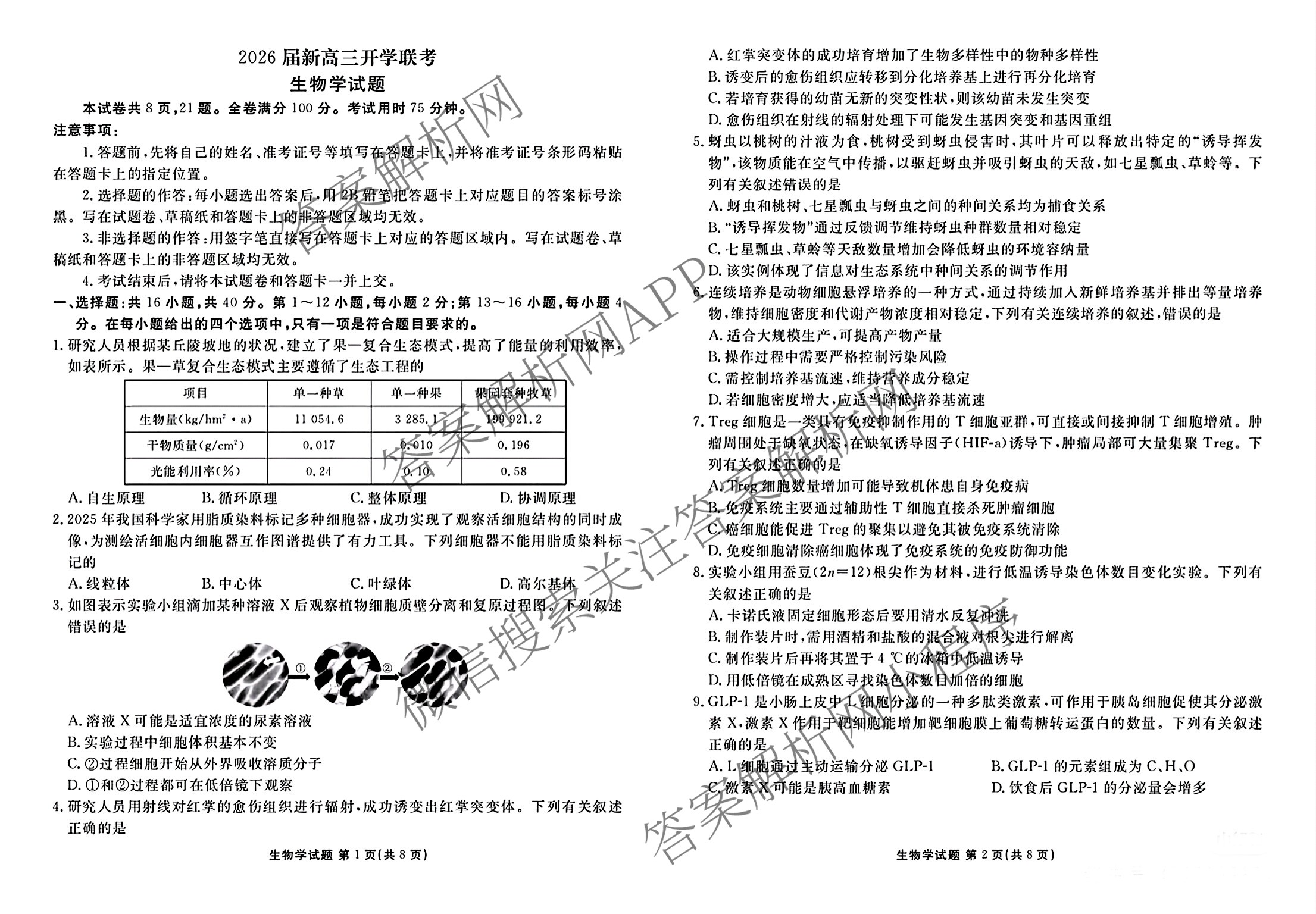 广东省部分学校2026届新高三开学联考（含俄语、化学、生物等）生物试题