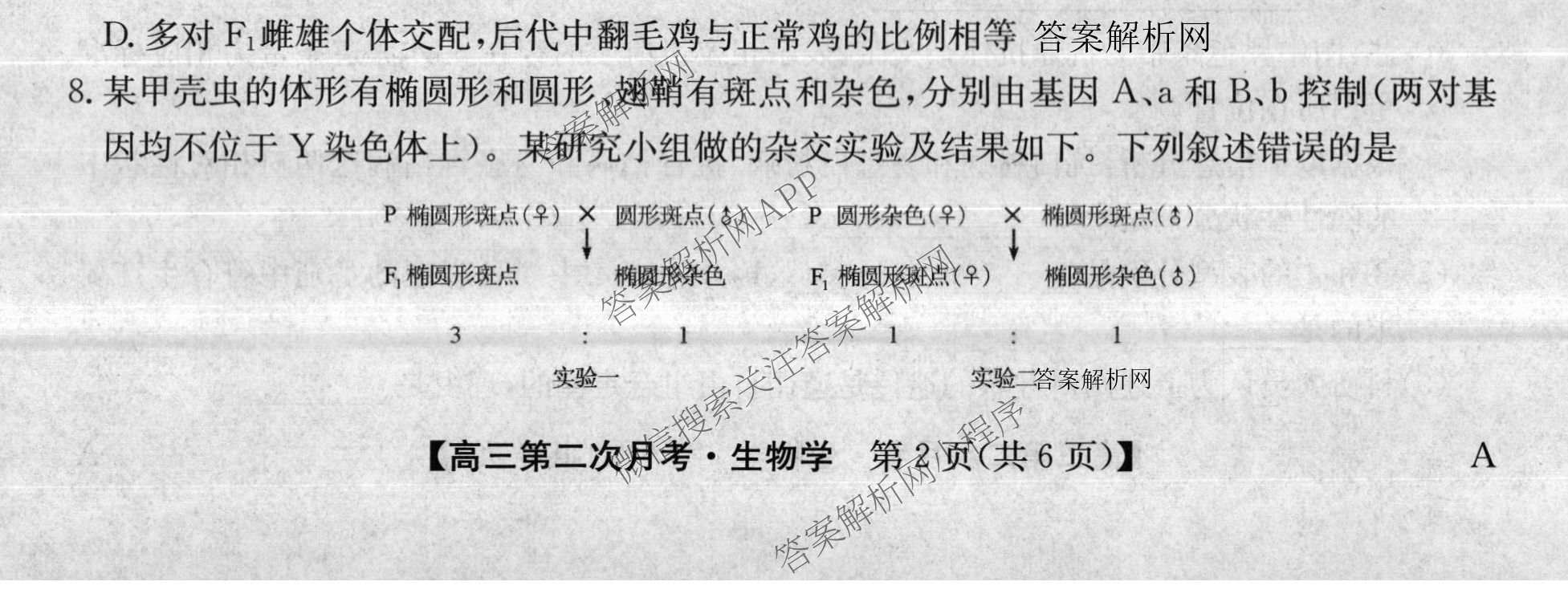 全国名校2026届高三月考滚动卷(二)2（含化学(A) 历史(A) 数学等）生物试题
