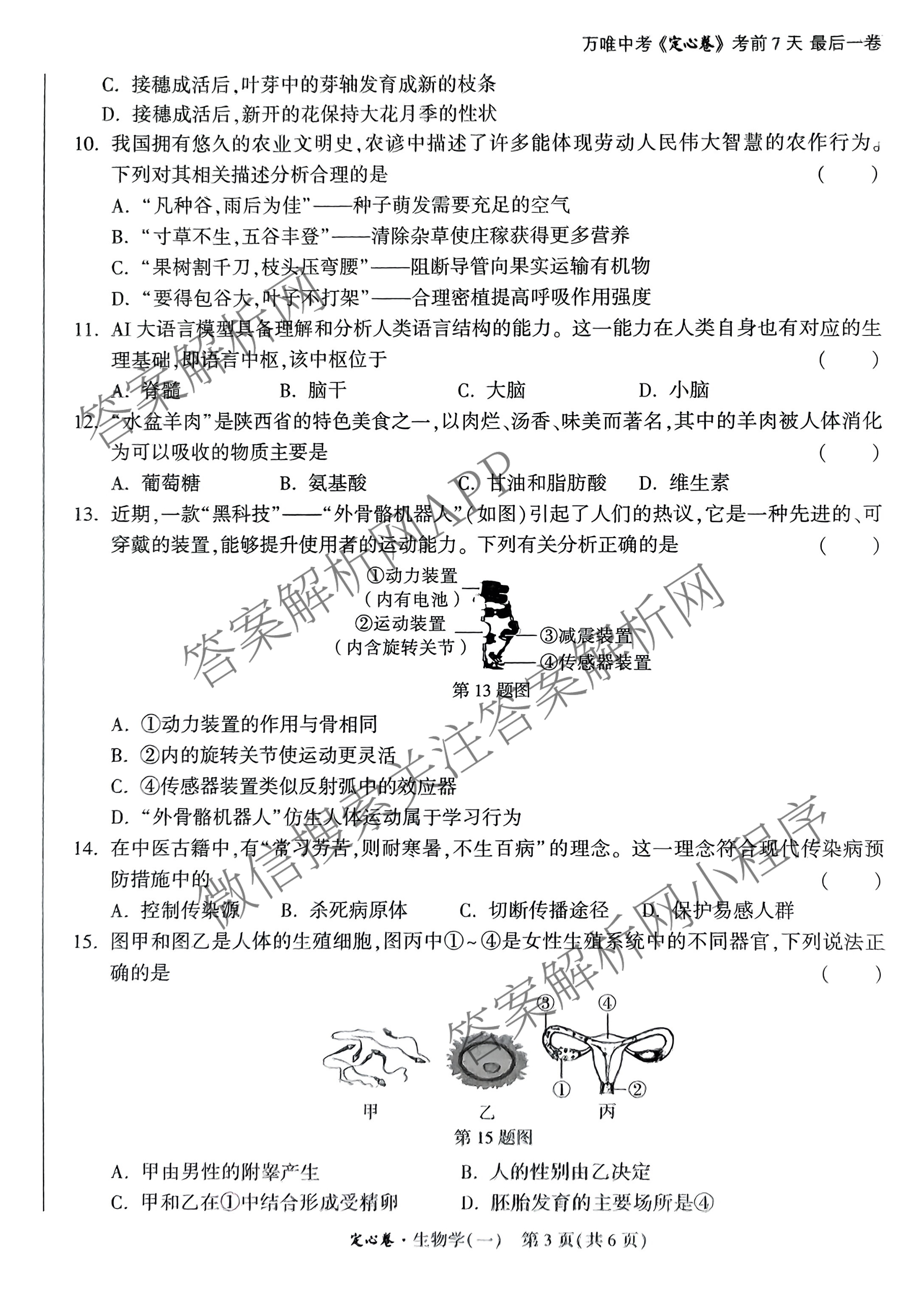 2025年陕西省初中学业水考试定心卷各科答案及试卷: 含化学、生物(二)、道德与法治试卷解析生物试题