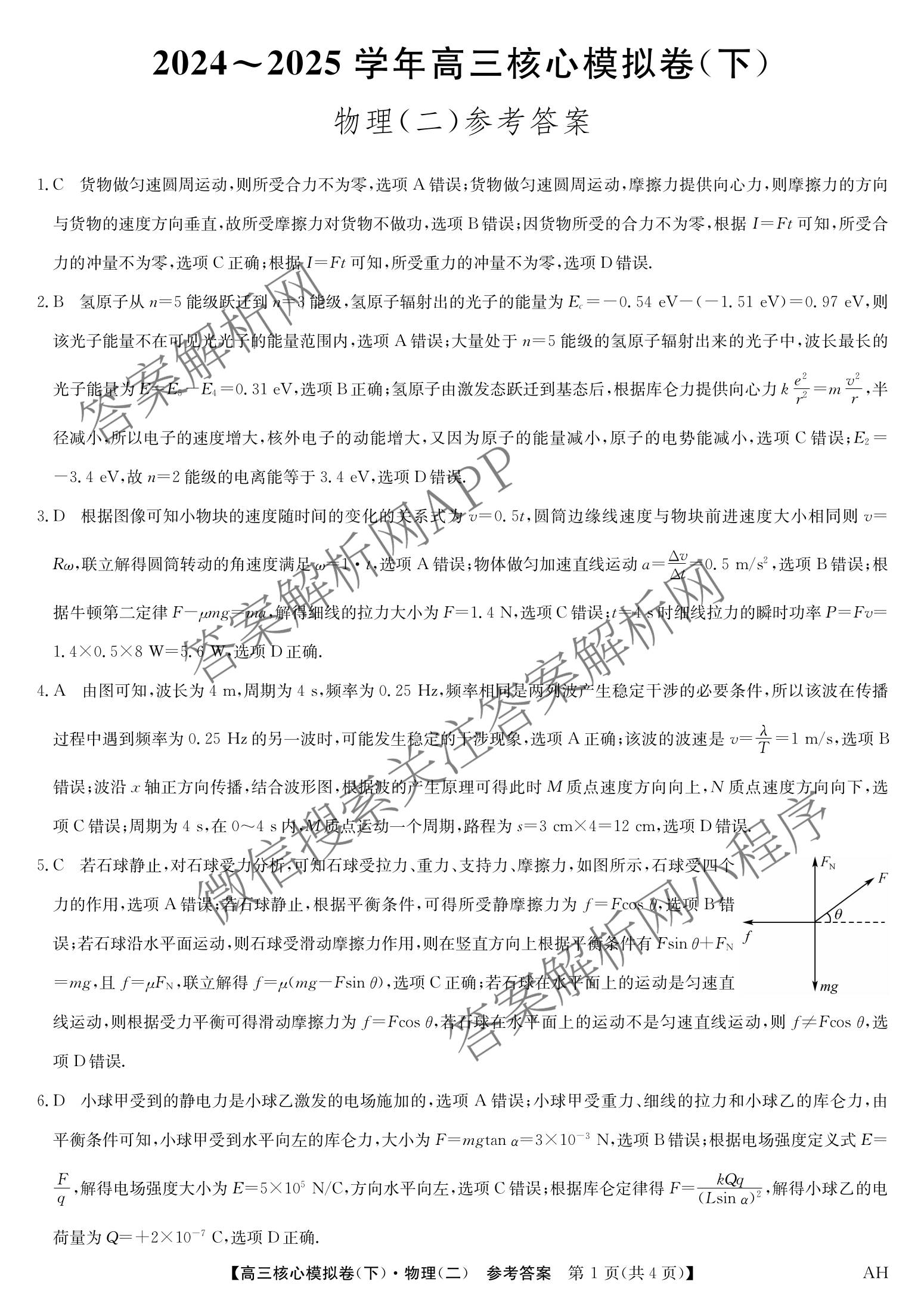 九师联盟2024~2025学年高三核心模拟卷(下)(二)2试卷及答案汇总: 含地理(D4) 政治(JX) 生物(JX)试卷解析物理答案