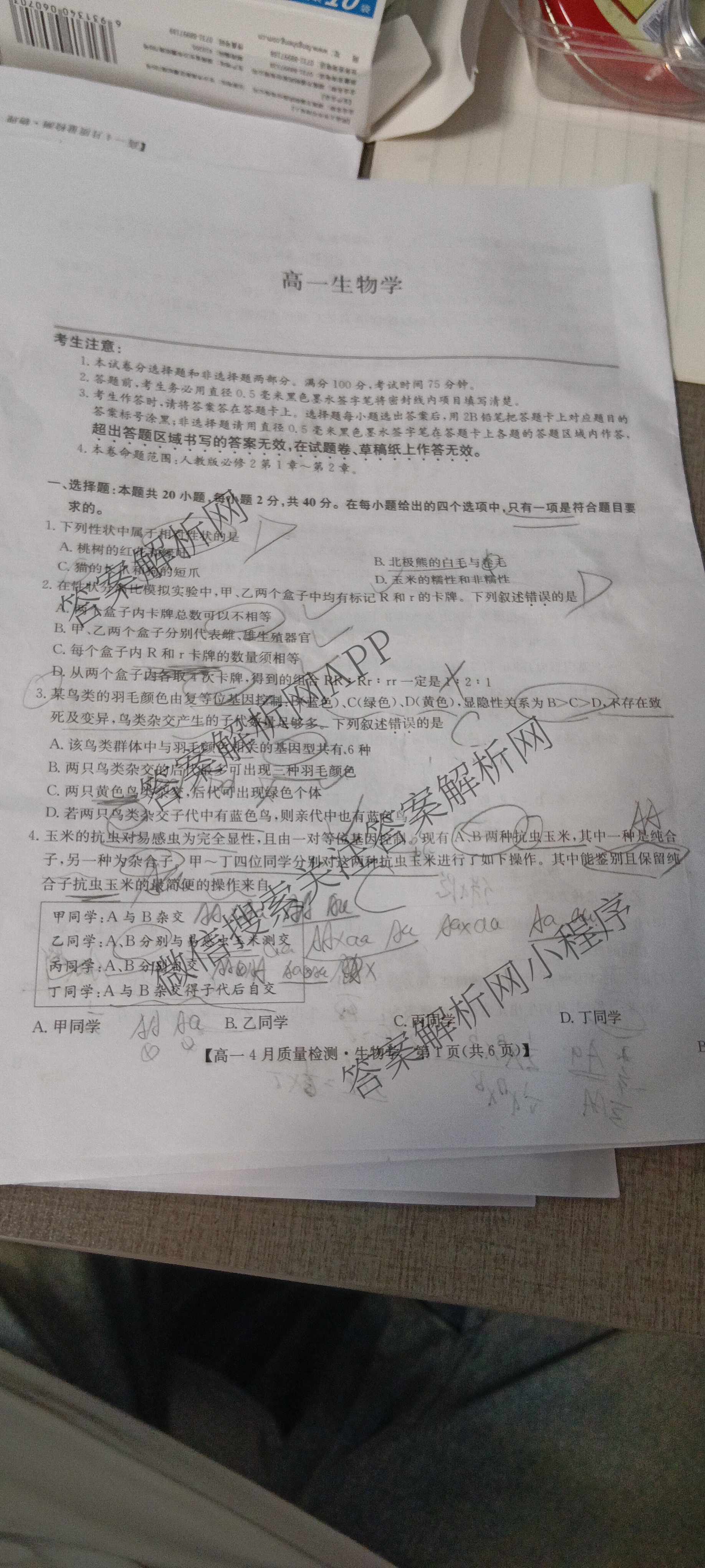 九师联盟2024-2025学年度高一4月质量检测各科答案及试卷: 含生物(B) 化学(人教) 英语试卷解析生物试题