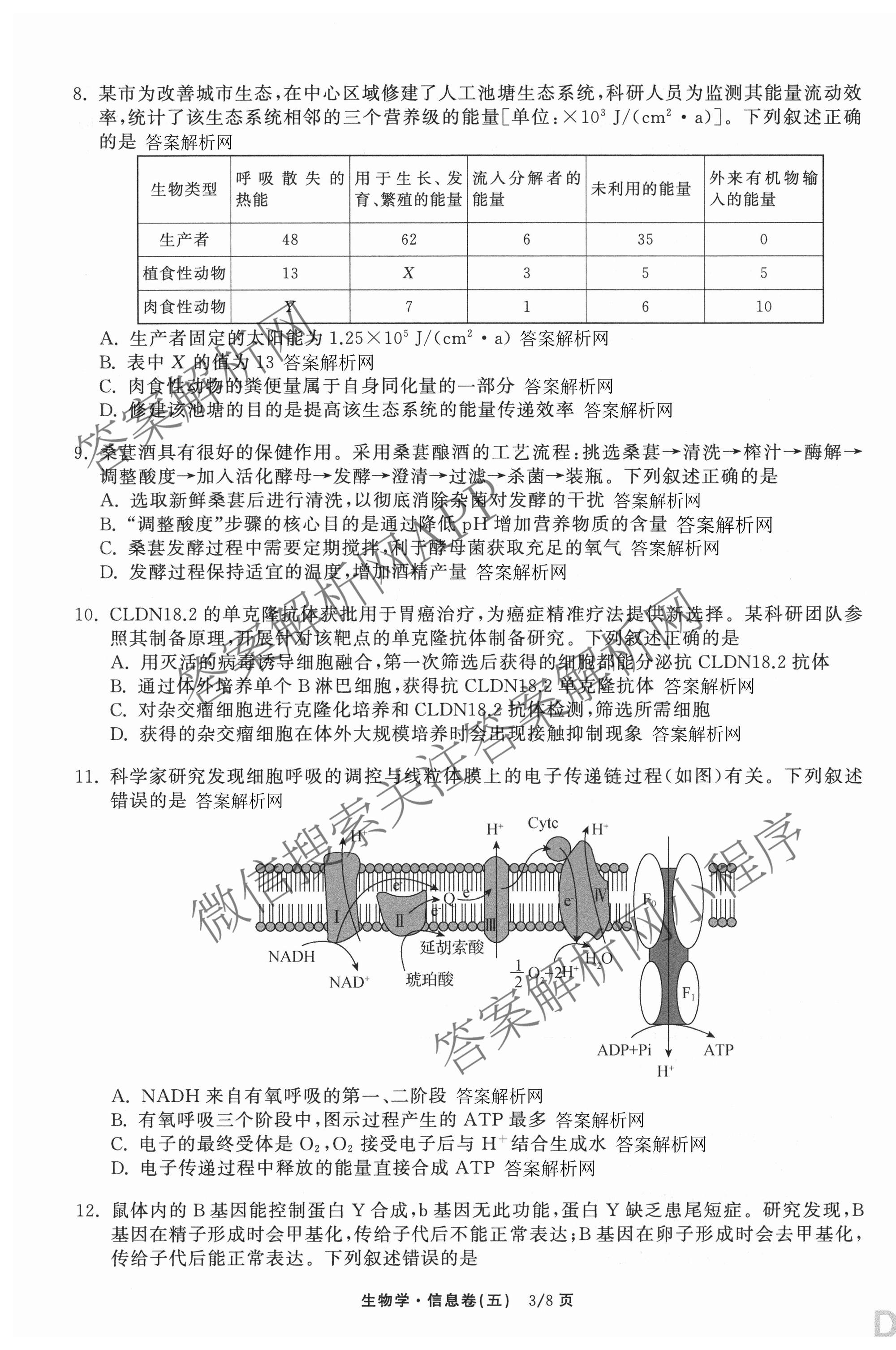 天舟高考衡中同卷2026年普通高等学校招生全国统一考试模拟信息卷(五)5试卷及答案汇总（含化学(WG)、化学(WY)、物理(山东版)等）生物试题