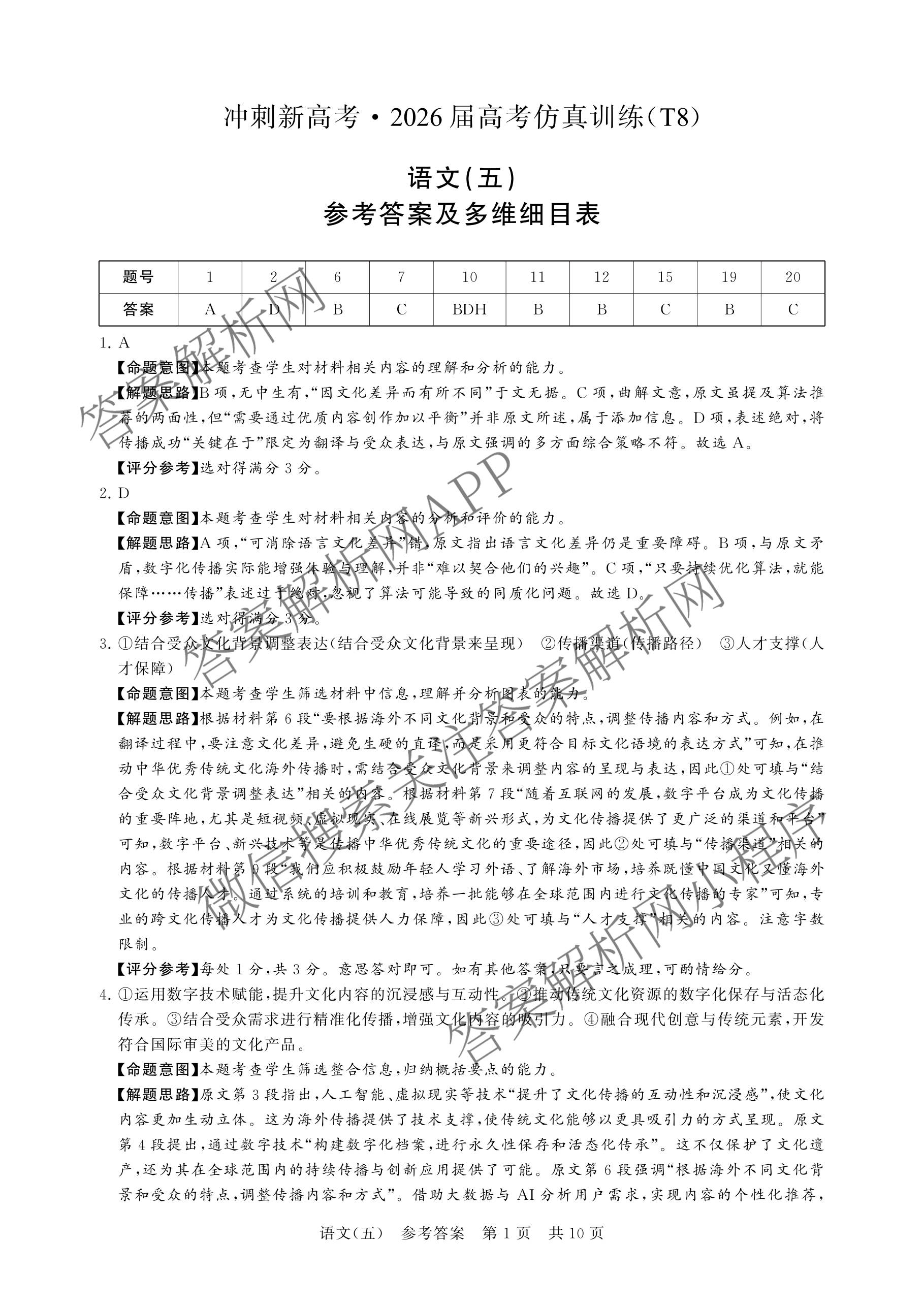 冲刺新高考2026届高考仿真训练(T8)(五)5各科答案及试卷: 含生物(河南专版)、物理(河北专版)、物理(陕晋青宁专版)试卷解析语文答案