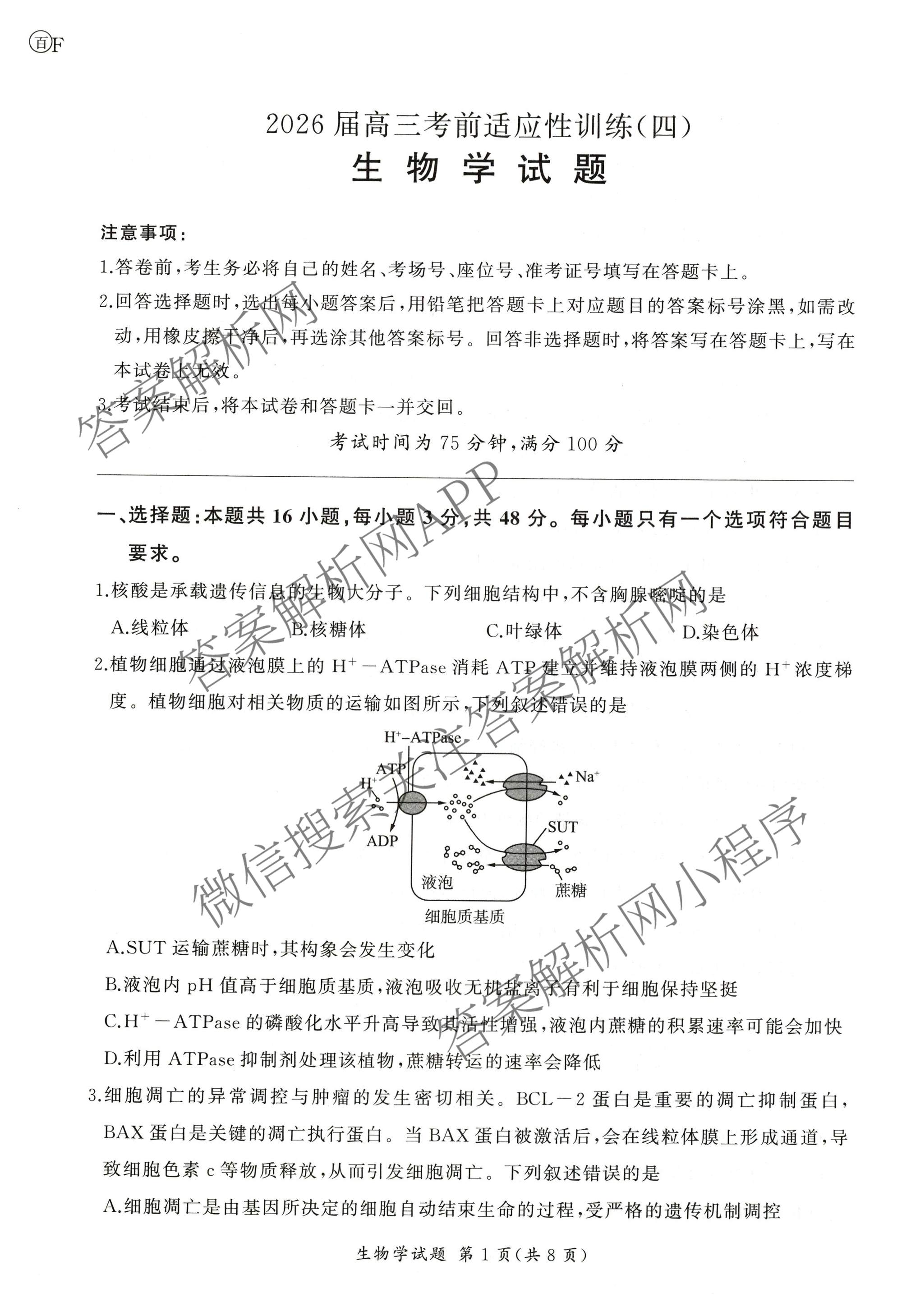 百师联盟2026届高三考前适应性训练(四)（26科全）生物试题