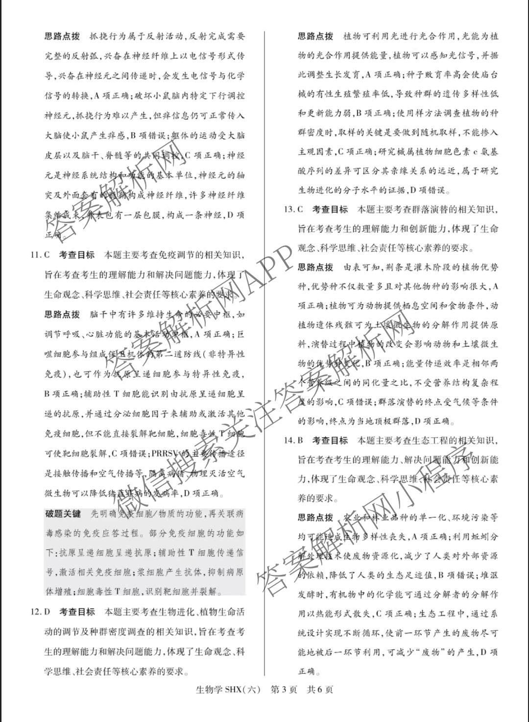天一大联考2026届高三冲刺(六)6（含物理(SHX) 物理(ANH) 化学(ANH)等27份）生物答案