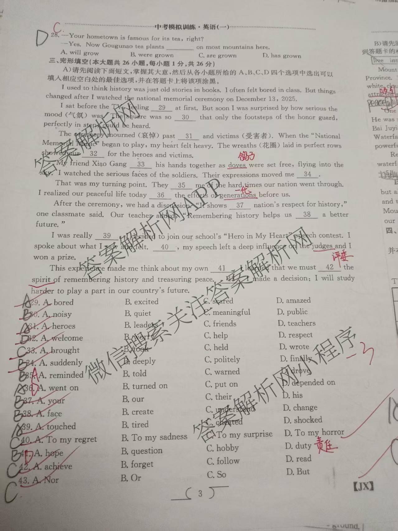 江西省2026年中考模拟训练(一)1（含历史(JX) 物理(JX) 语文(JX)等7份）英语试题
