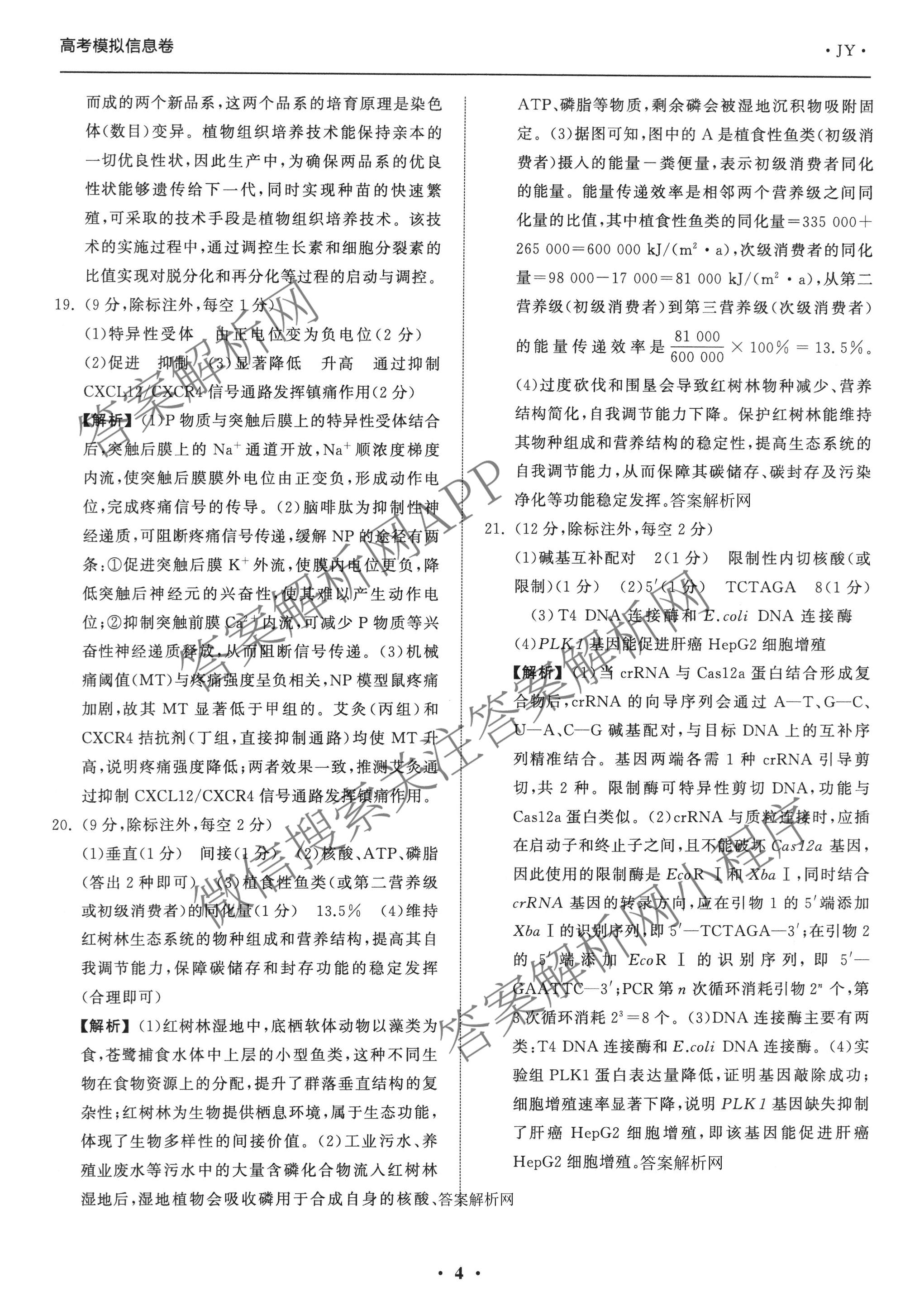 天舟高考衡中同卷2026年普通高等学校招生全国统一考试模拟信息卷(一)1（含历史(WY)、数学(B)、物理(WY)等）生物答案