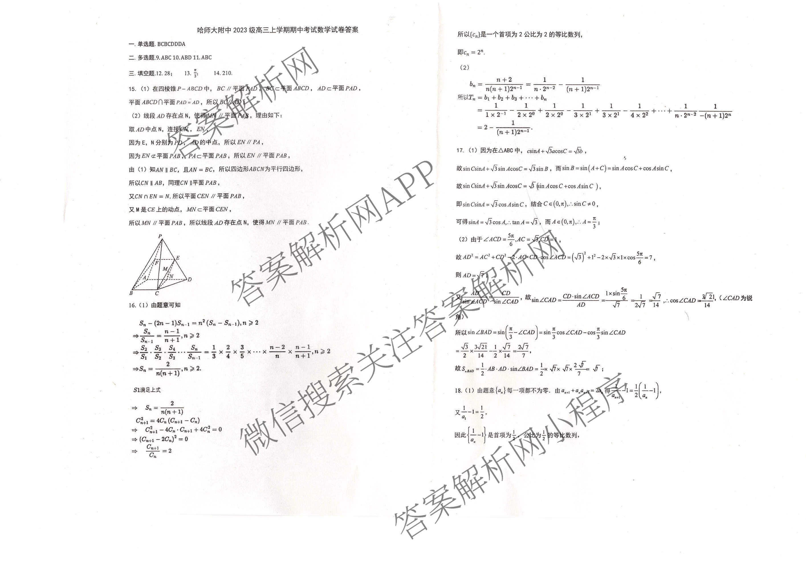 哈师大附中2023级高三上期中考试（含历史 英语 语文等）数学答案