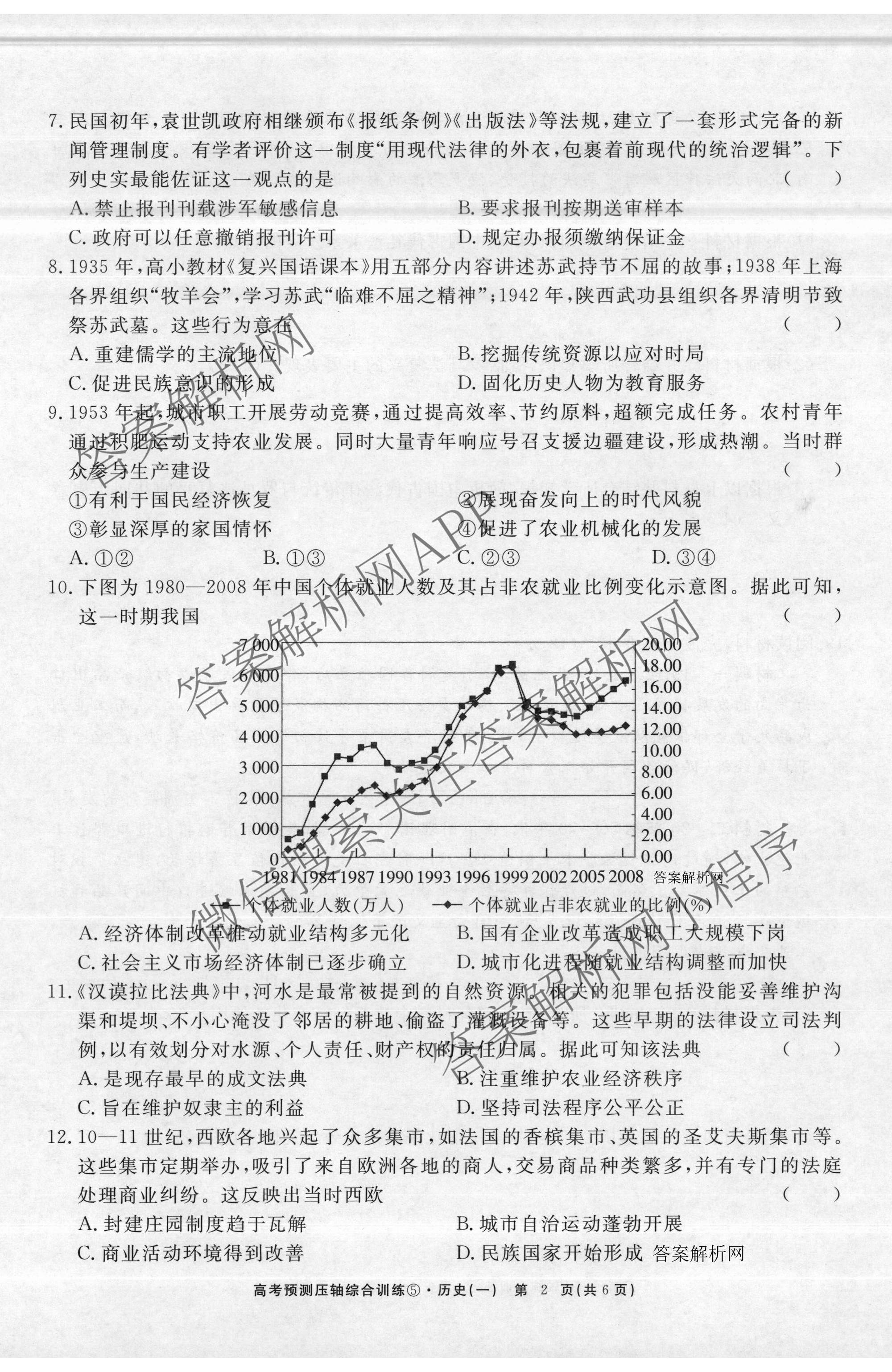 2026届高考预测压轴综合训练(一)1试卷及答案汇总（含化学(4) 数学 历史(5)等）历史试题