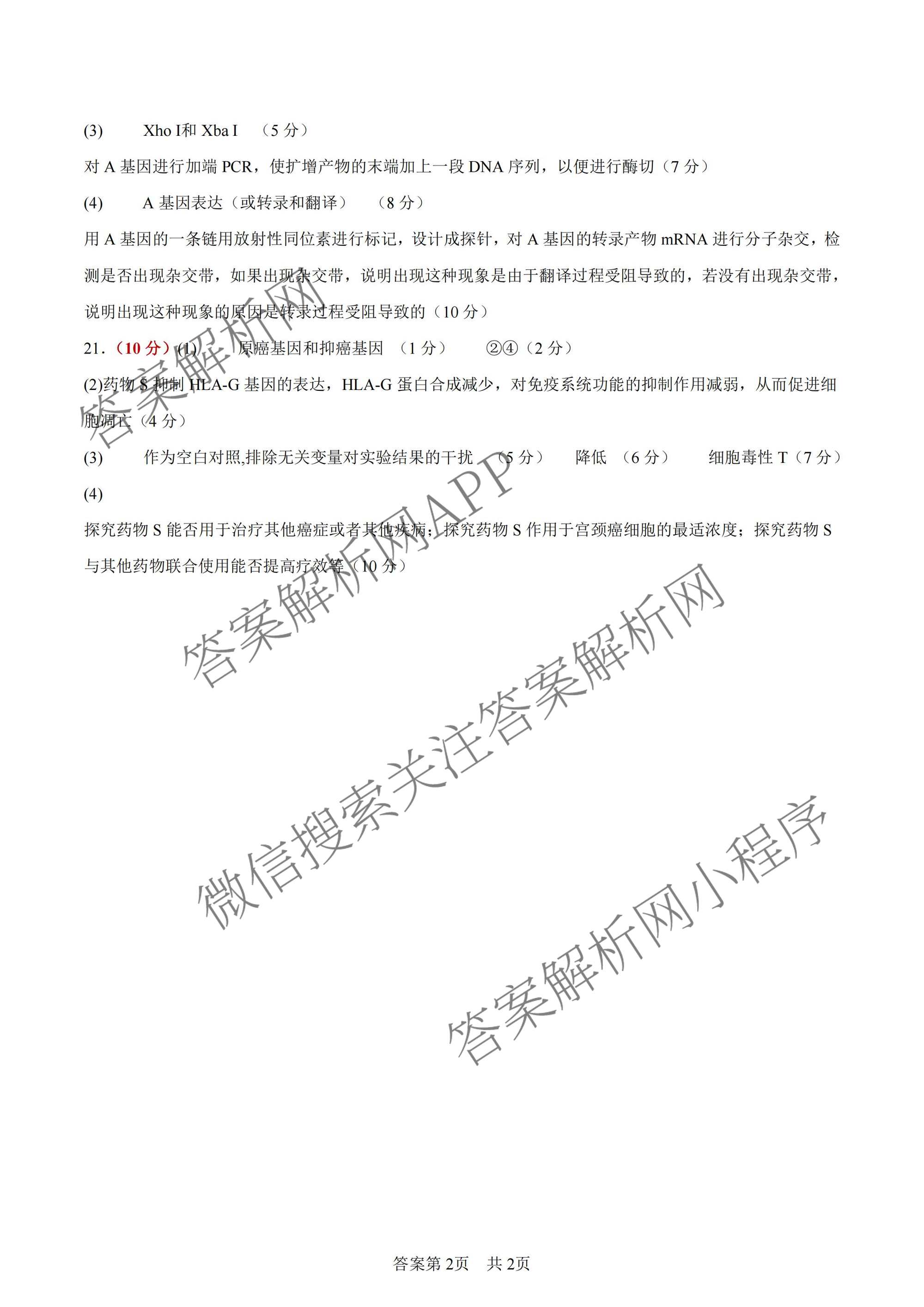 陕西校联2026届第二次模拟测试高三(4.2)（9科全）生物答案