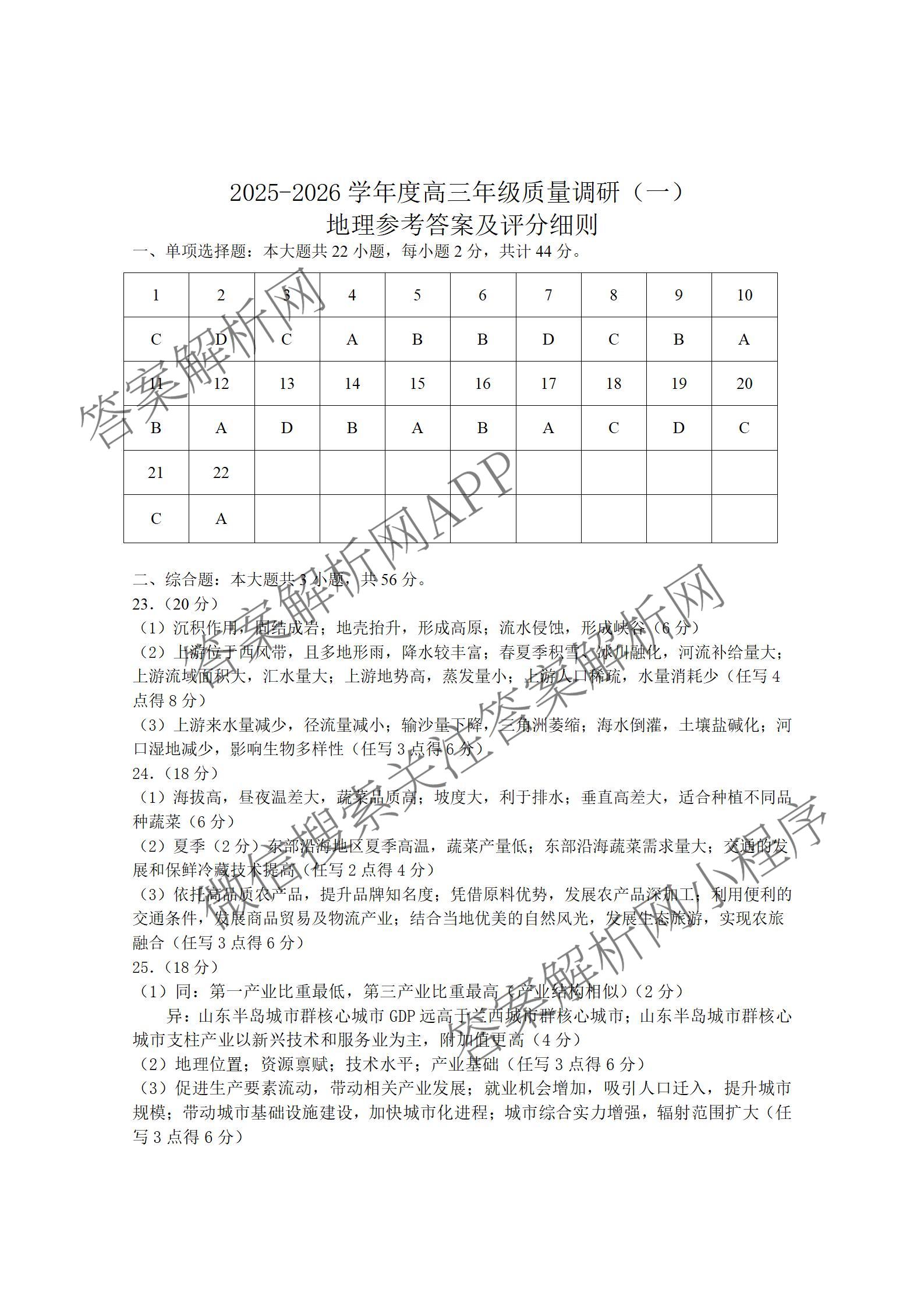 江苏省如皋市2025-2026学年度高三年级第一学期教学质量调研(一)试卷及答案汇总(9科全)地理答案 江苏省如皋市2025-2026学年度高三年级第一学期教学质量调研(一)试卷及答案汇总(9科全)地理答案