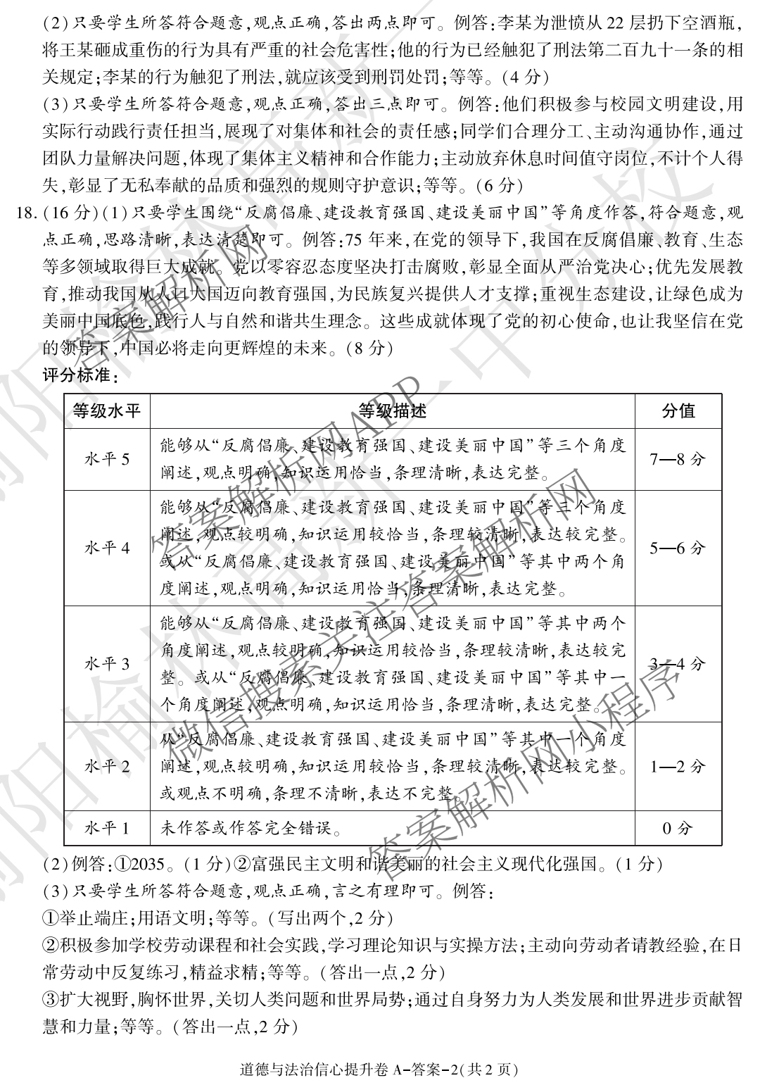 2025年陕西省初中学业水考试信心提升卷（含英语、道德与法治、语文等7份）道德与法治答案