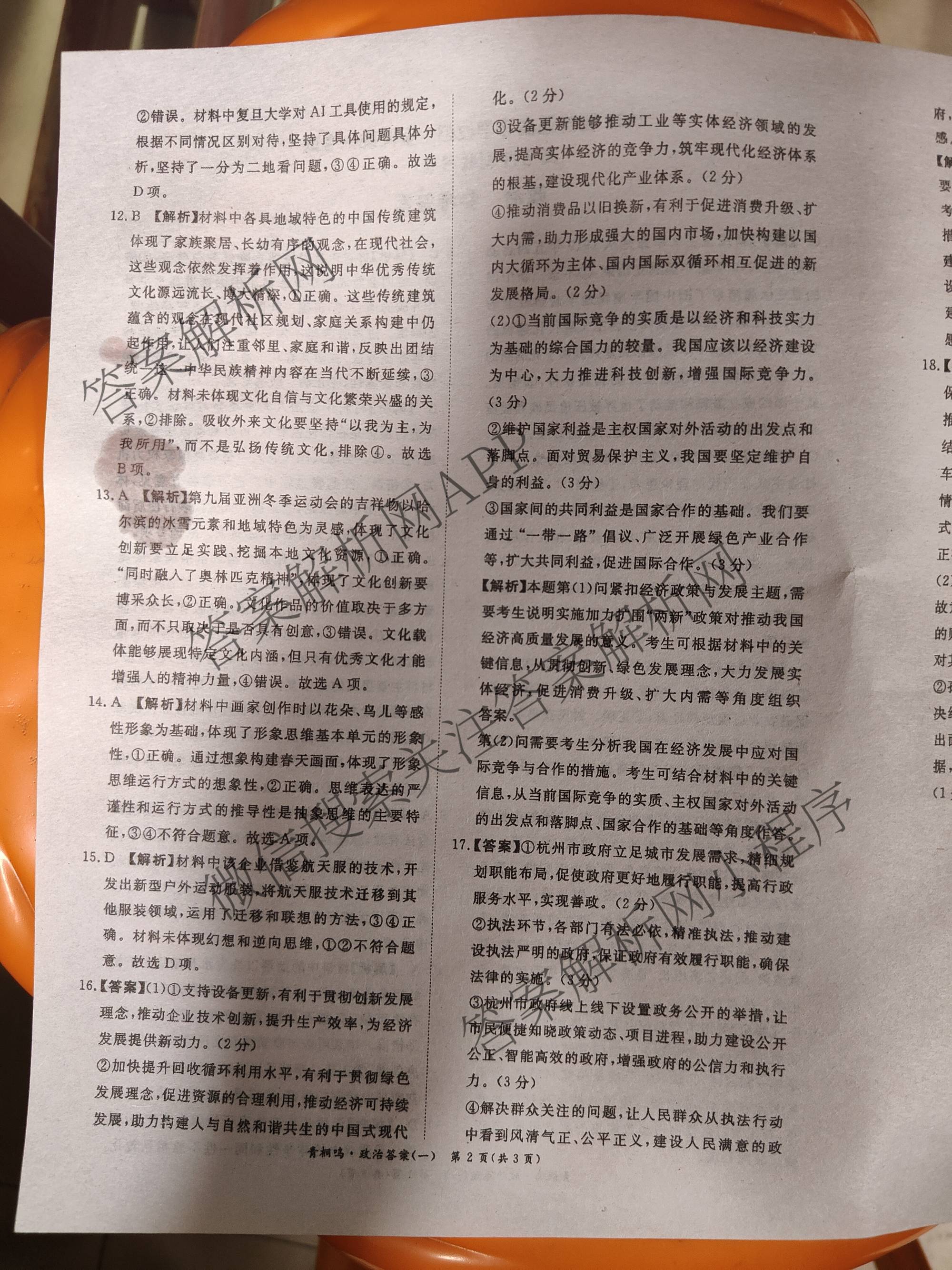 青桐鸣2025届普通高等学校招生全国统一考试高考冲刺联考卷(一)1各科答案及试卷（含地理、数学、生物等）政治答案