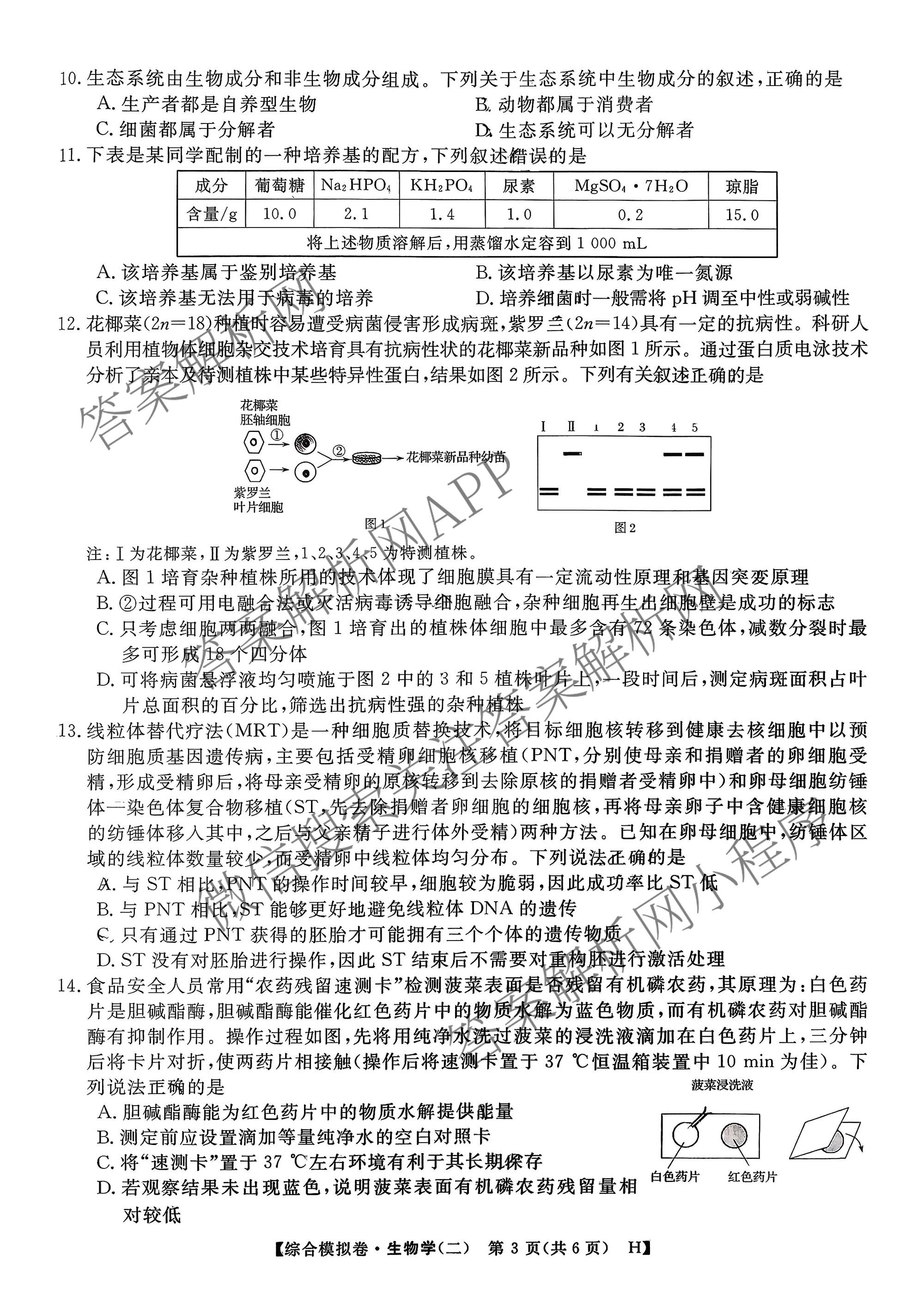 2026普通高等学校招生全国统一考试综合模拟卷(二)2（含化学(B) 历史(B) 英语(X)等14份）生物试题